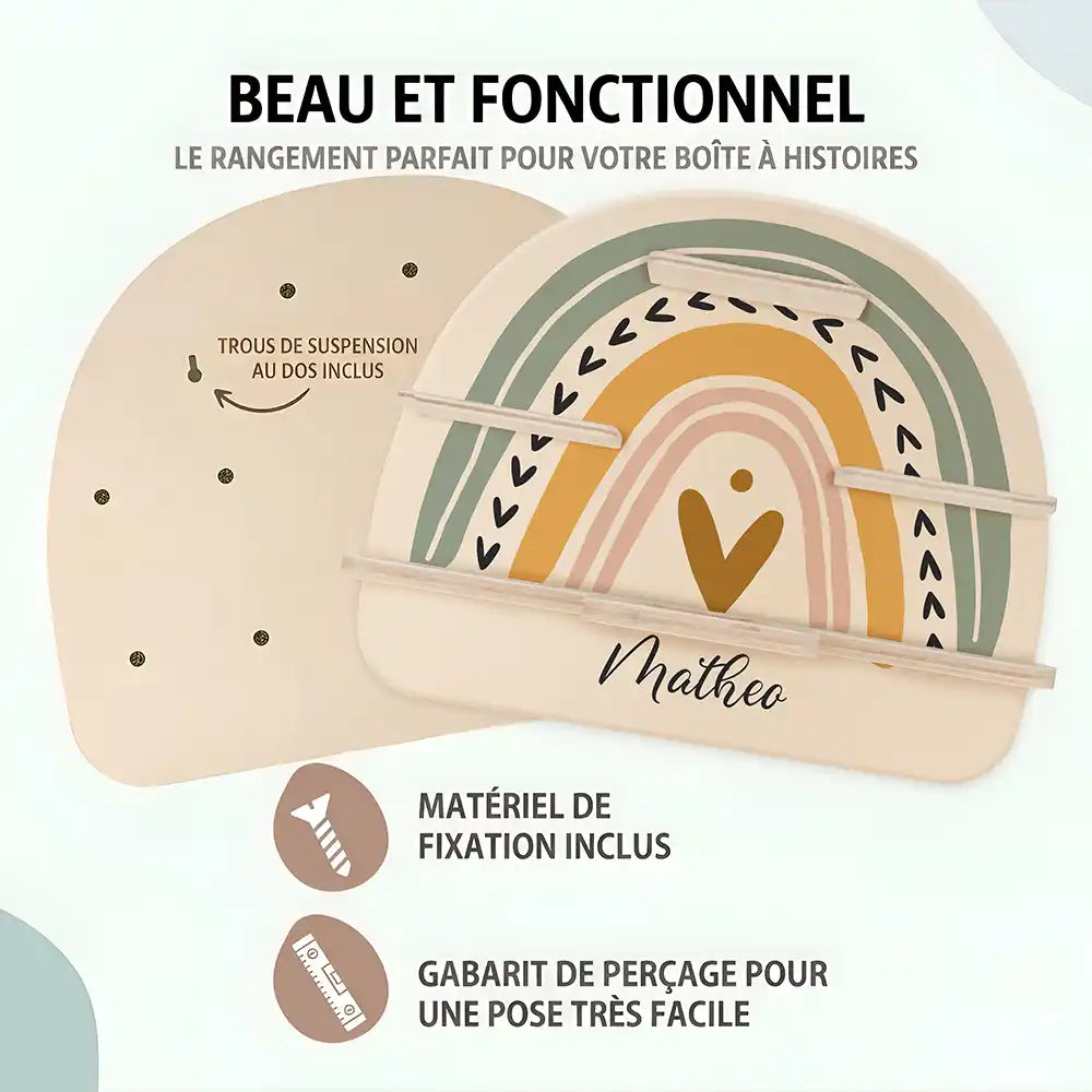 Étagère Toniebox personnalisée Arc-en-ciel 1 – trous de suspension, matériel de fixation et gabarit de perçage