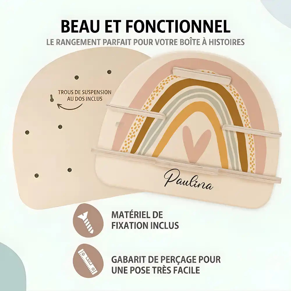 Étagère Toniebox personnalisée Arc-en-ciel 2 – trous de suspension, matériel de fixation et gabarit de perçage