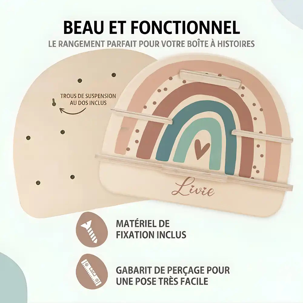 Étagère Toniebox personnalisée Arc-en-ciel 9 – trous de suspension, matériel de fixation et gabarit de perçage