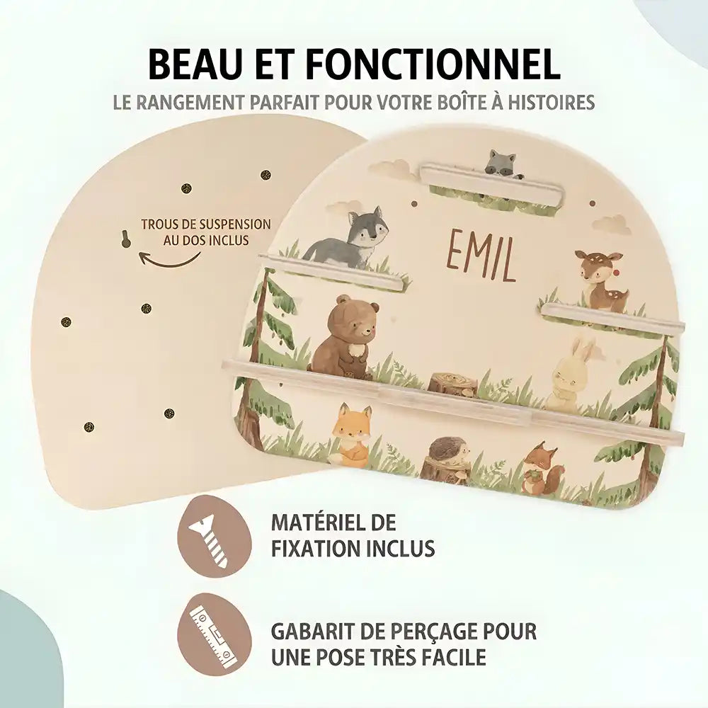 Étagère Toniebox personnalisée Animaux de la forêt – trous de suspension, matériel de fixation et gabarit de perçage