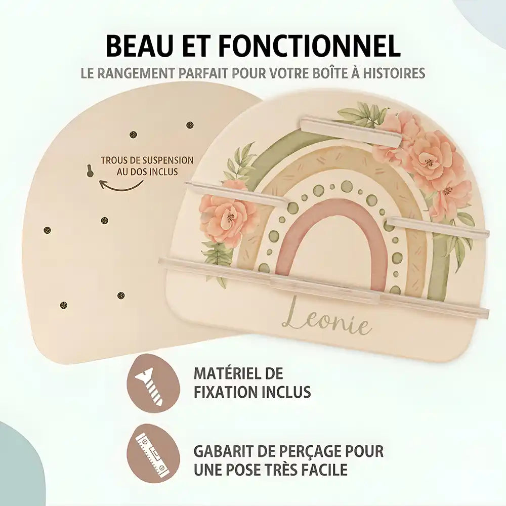 Étagère Toniebox personnalisée Arc-en-ciel fleuri – trous de suspension, matériel de fixation et gabarit de perçage