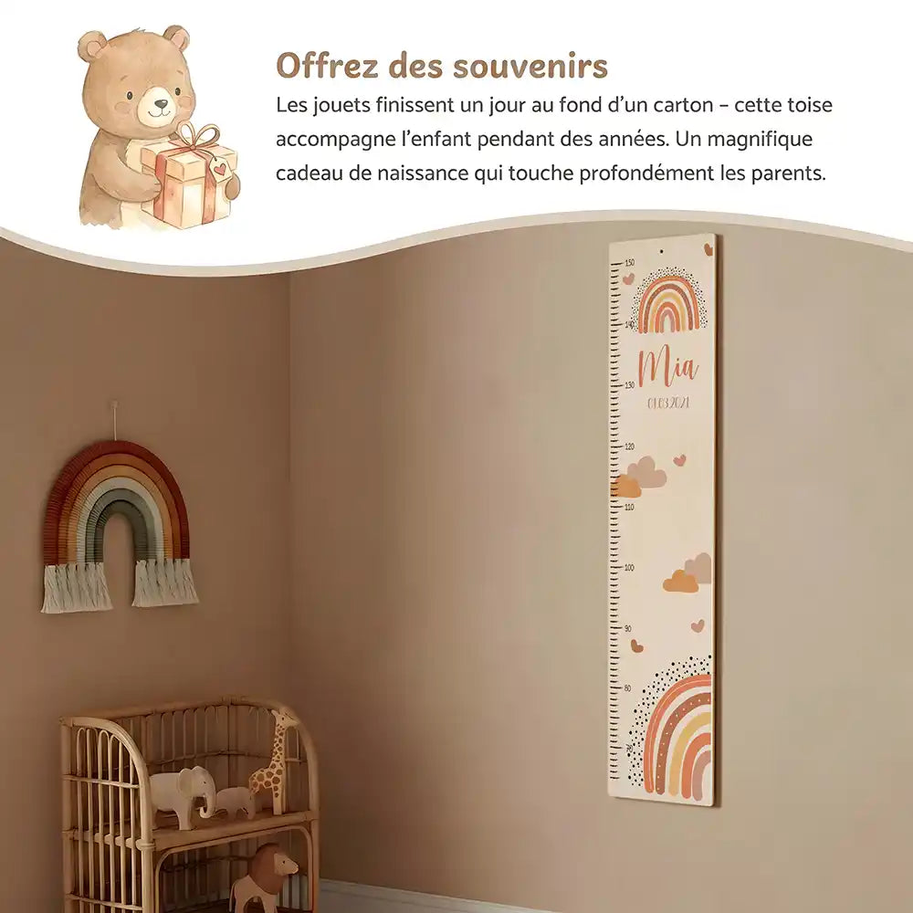 Toise enfant personnalisée Arc-en-ciel terracotta – idée cadeau de naissance ou de baptême