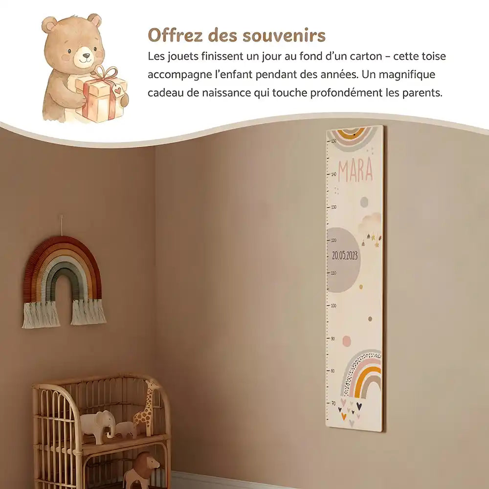 Toise enfant personnalisée Arc-en-ciel pastel – idée cadeau de naissance ou de baptême