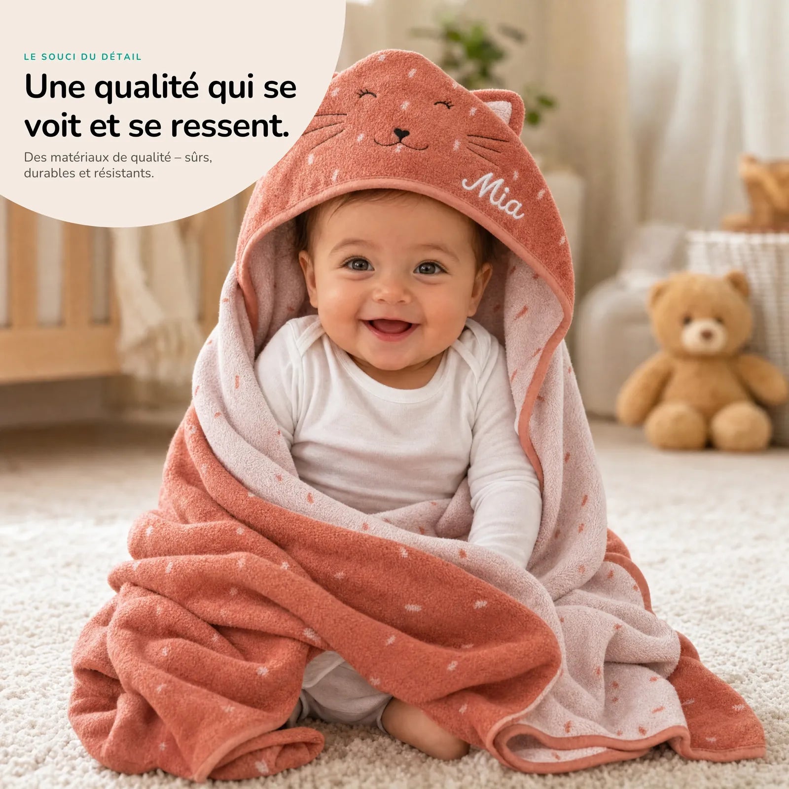 Cape de bain naissance Chat 75 x 75 cm personnalisée — Kidsmood