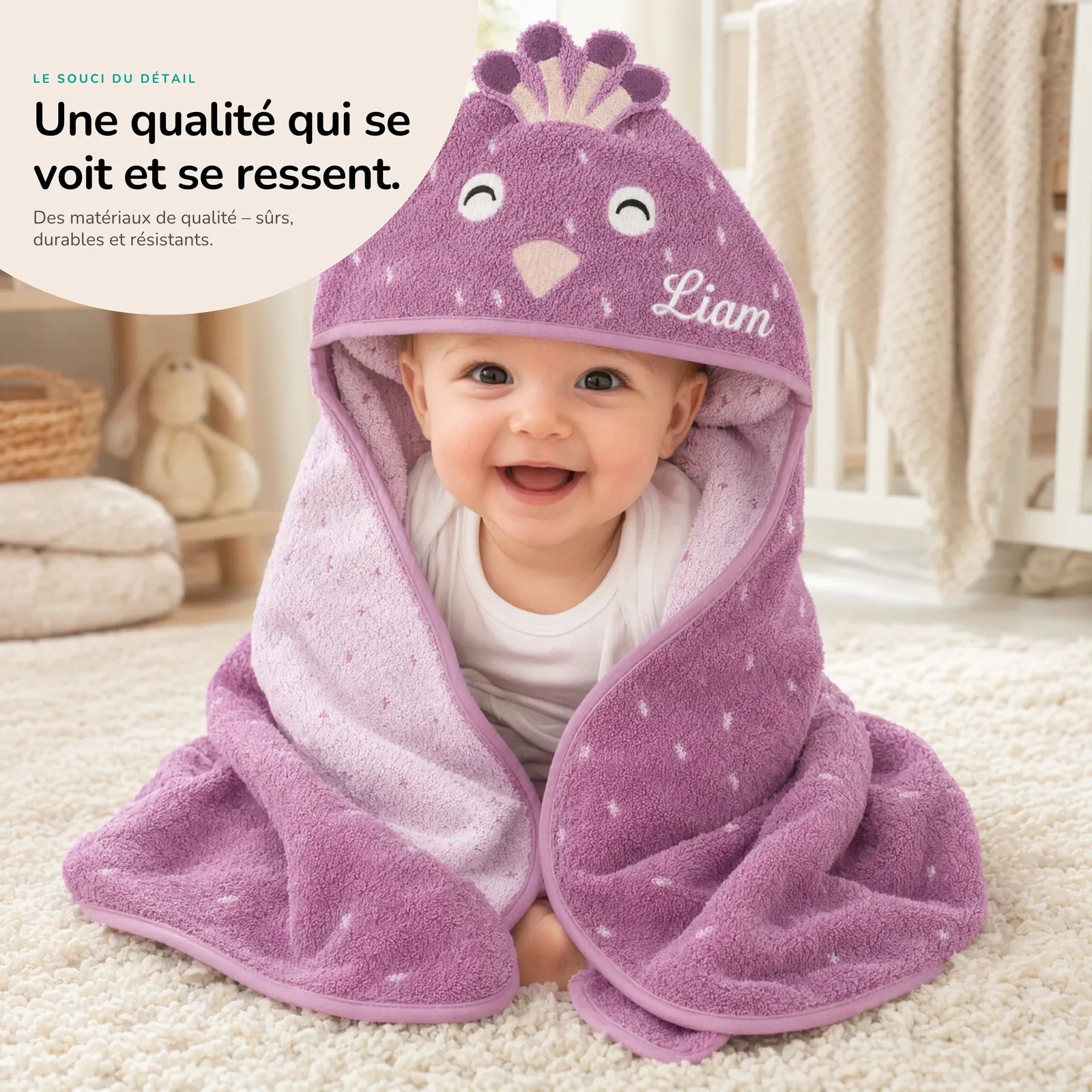 Cape de bain naissance Paon 75 x 75 cm personnalisée — Kidsmood