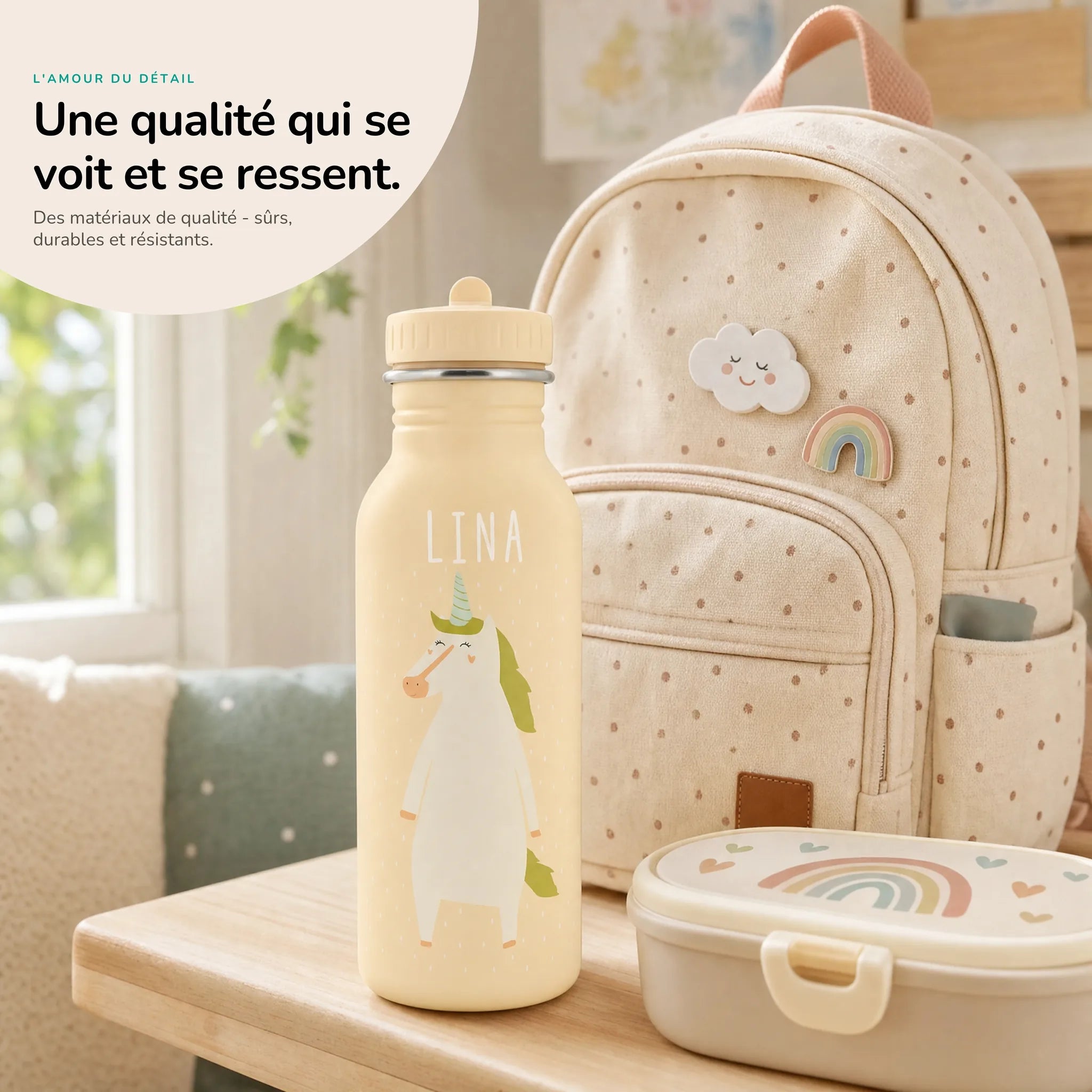 Gourde inox enfant motif Licorne, acier robuste — Kidsmood