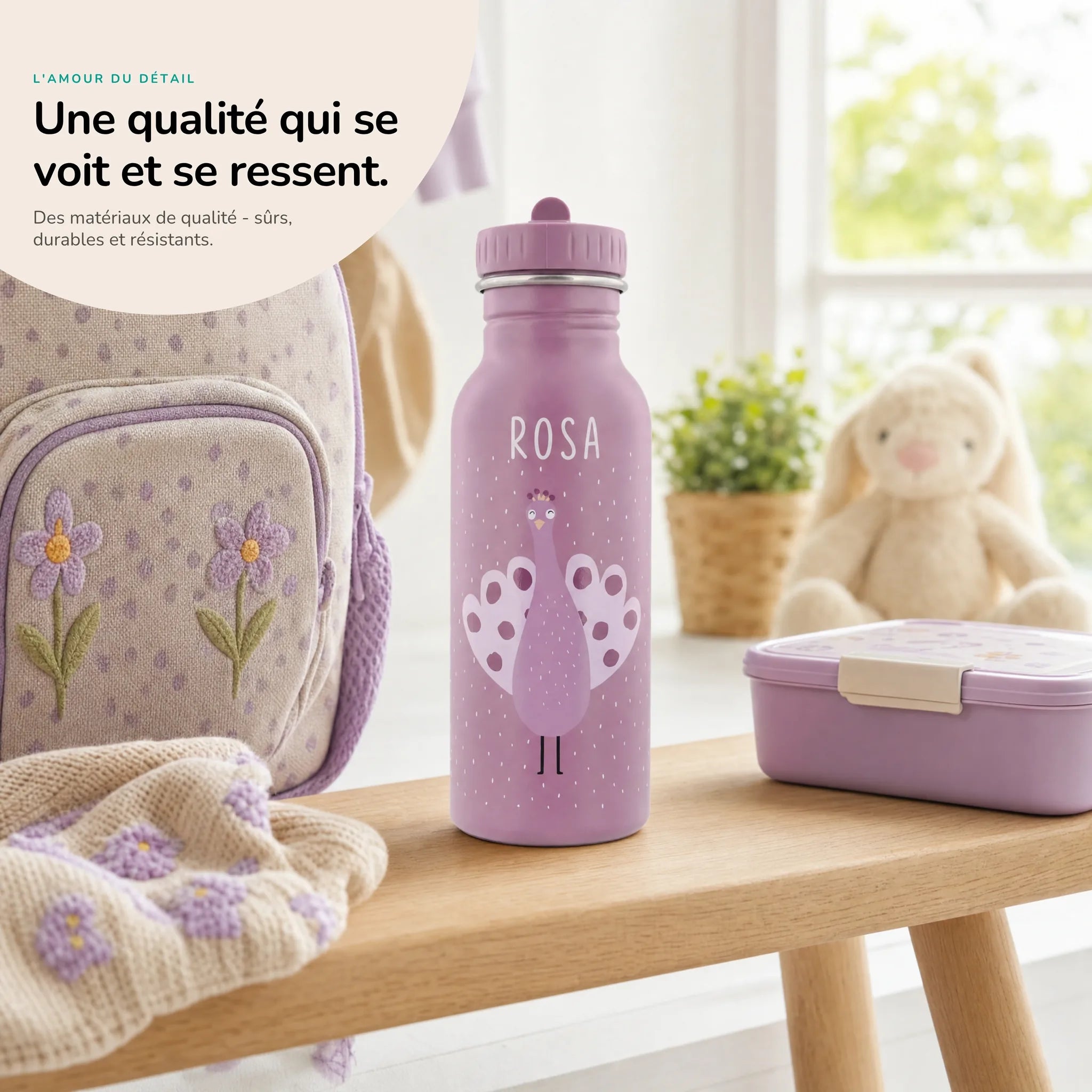 Gourde inox enfant motif Paon, acier robuste — Kidsmood