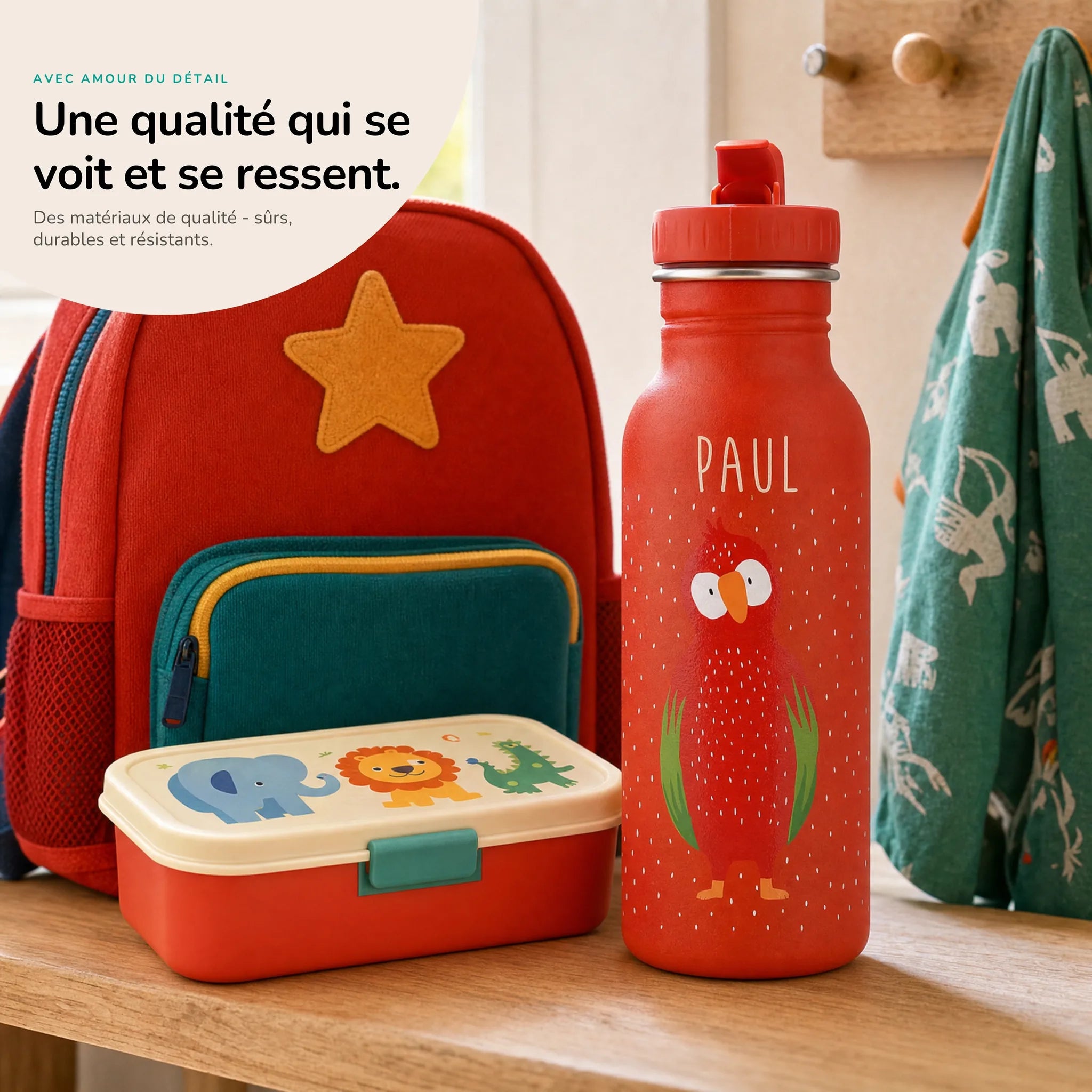 Gourde inox enfant motif Perroquet, acier robuste — Kidsmood