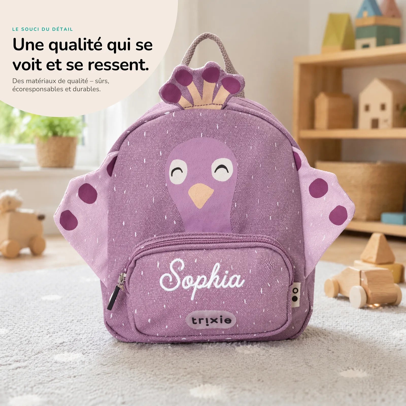 Sac à dos crèche Paon personnalisé, matières durables — Kidsmood