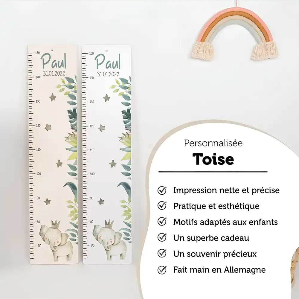 Toise enfant personnalisée Éléphant – versions bois et aluminium composite côte à côte, fait main en Allemagne