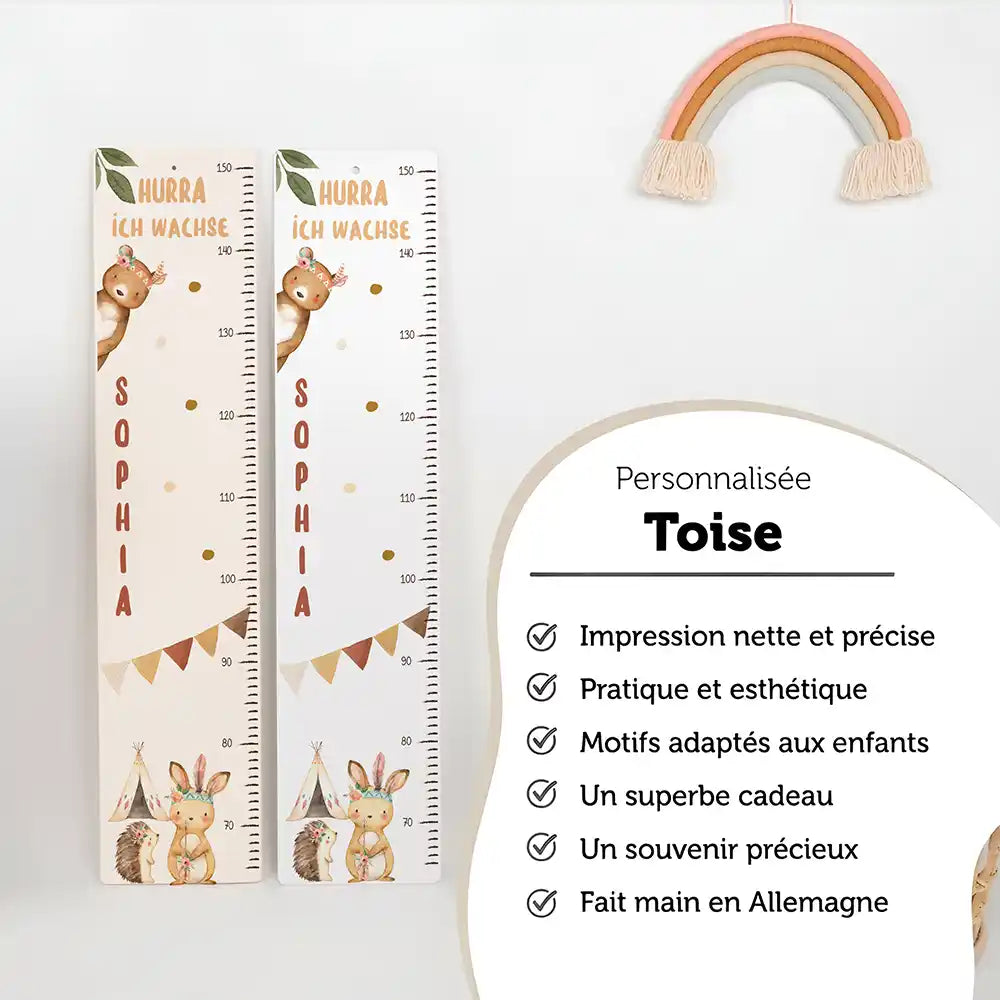 Toise enfant personnalisée Animaux de la jungle – versions bois et aluminium composite côte à côte, fait main en Allemagne