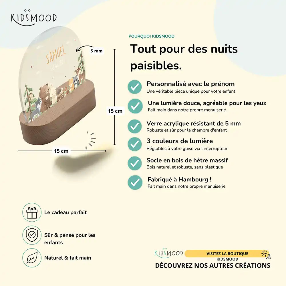 Veilleuse enfant personnalisée Amis de la forêt – détail du socle en hêtre et du bouton de réglage
