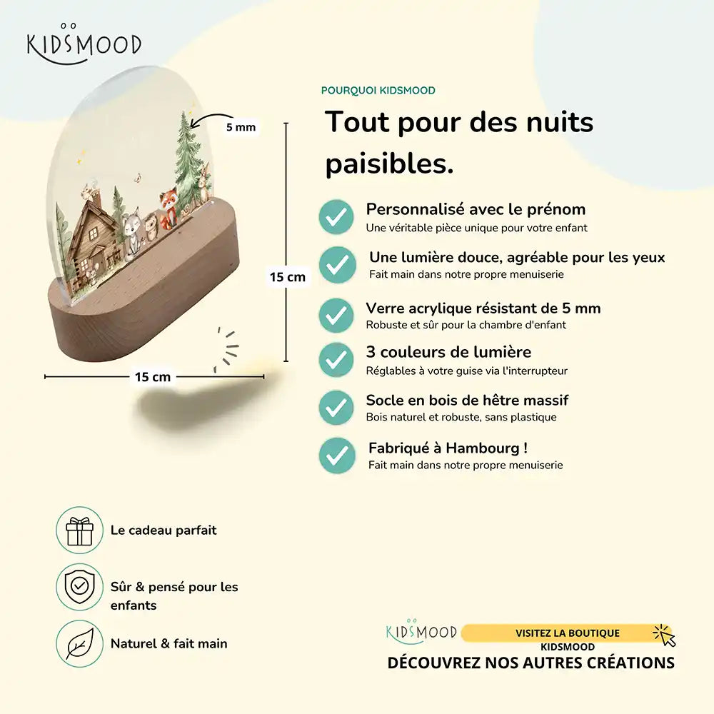 Veilleuse enfant personnalisée Petits amis de la forêt – détail du socle en hêtre et du bouton de réglage
