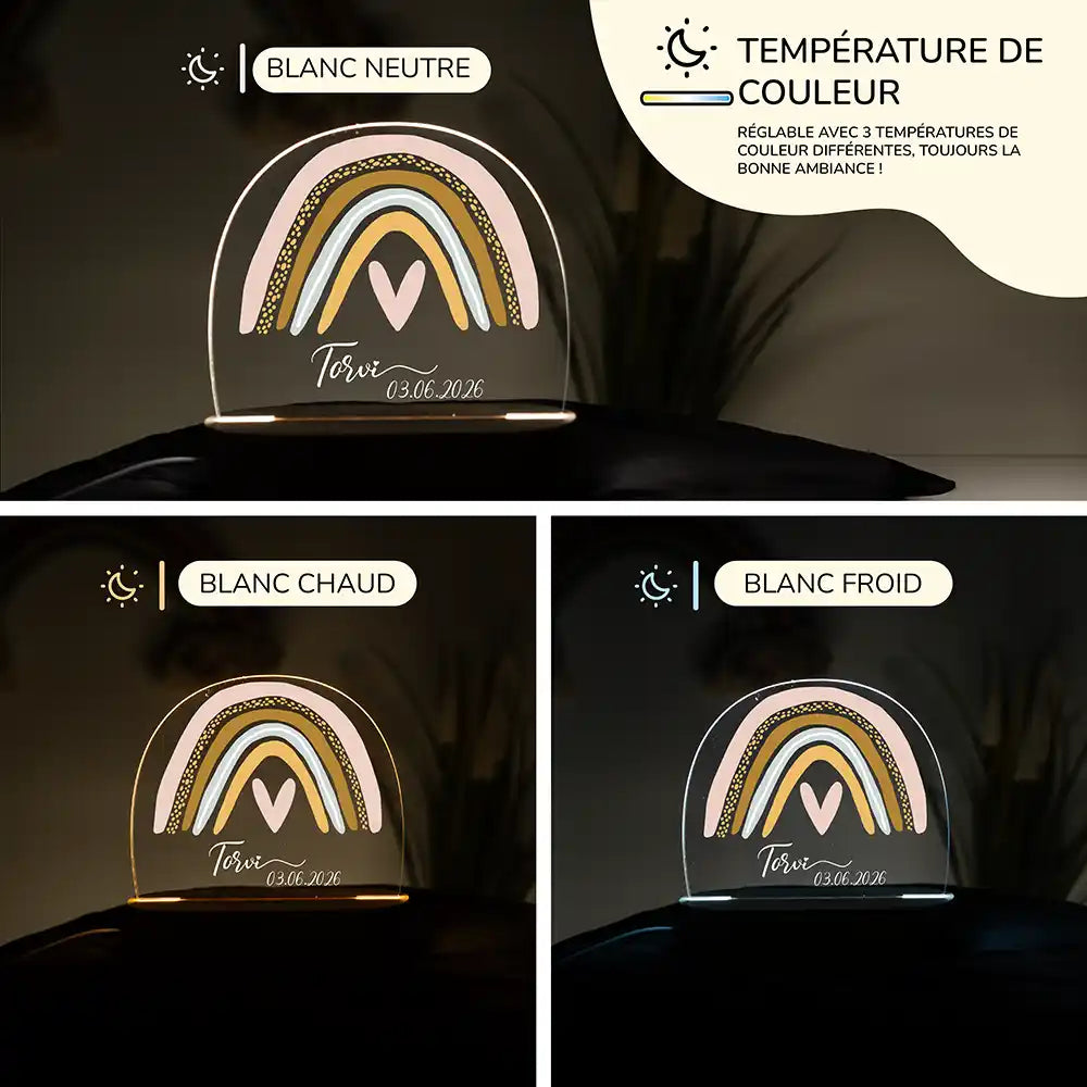 Veilleuse enfant personnalisée Arc-en-ciel fille – raccordement par câble USB fourni