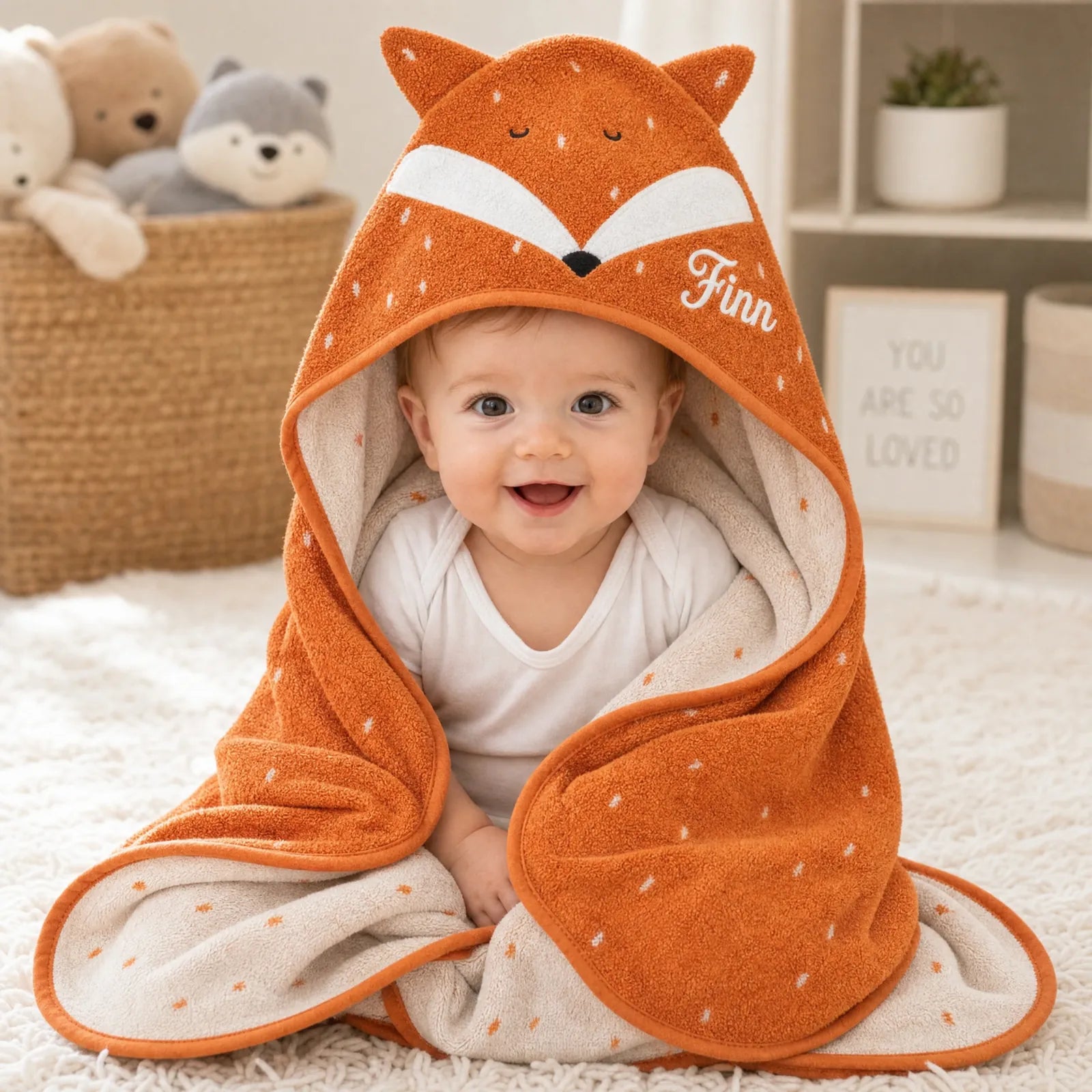 Cape de bain bébé Trixie Renard personnalisée, prénom brodé — Kidsmood