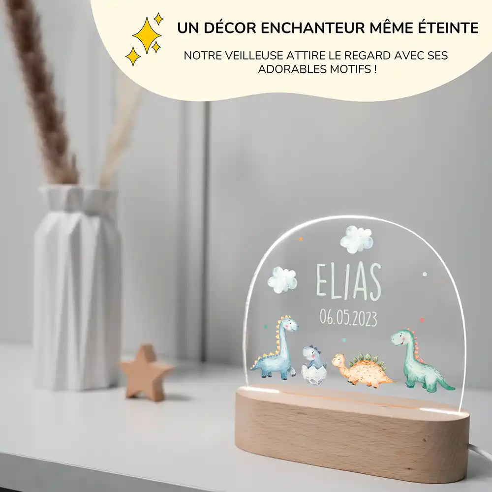 Veilleuse enfant personnalisée Bébés dinos – dimensions compactes 15 x 15 x 3,5 cm