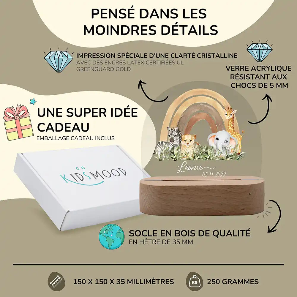 Veilleuse enfant personnalisée Animaux de la savane – trois températures de lumière au choix