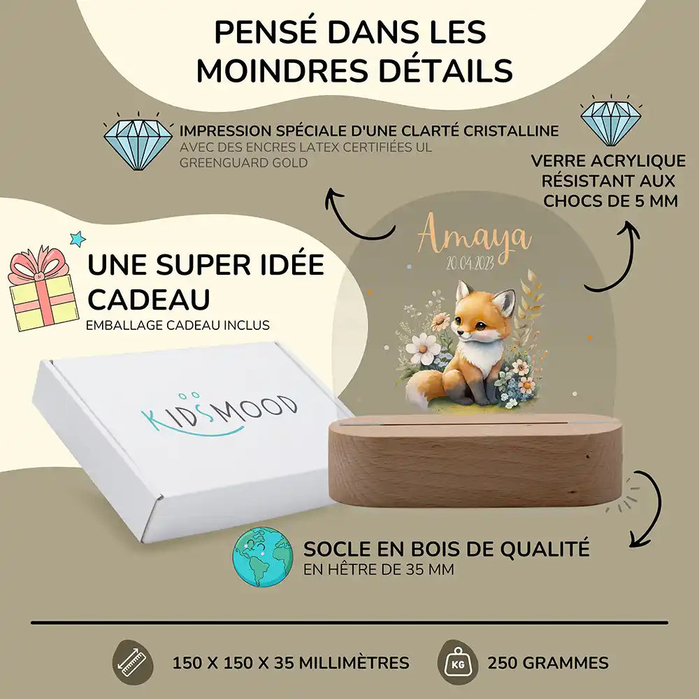 Veilleuse enfant personnalisée Bébé renard – trois températures de lumière au choix