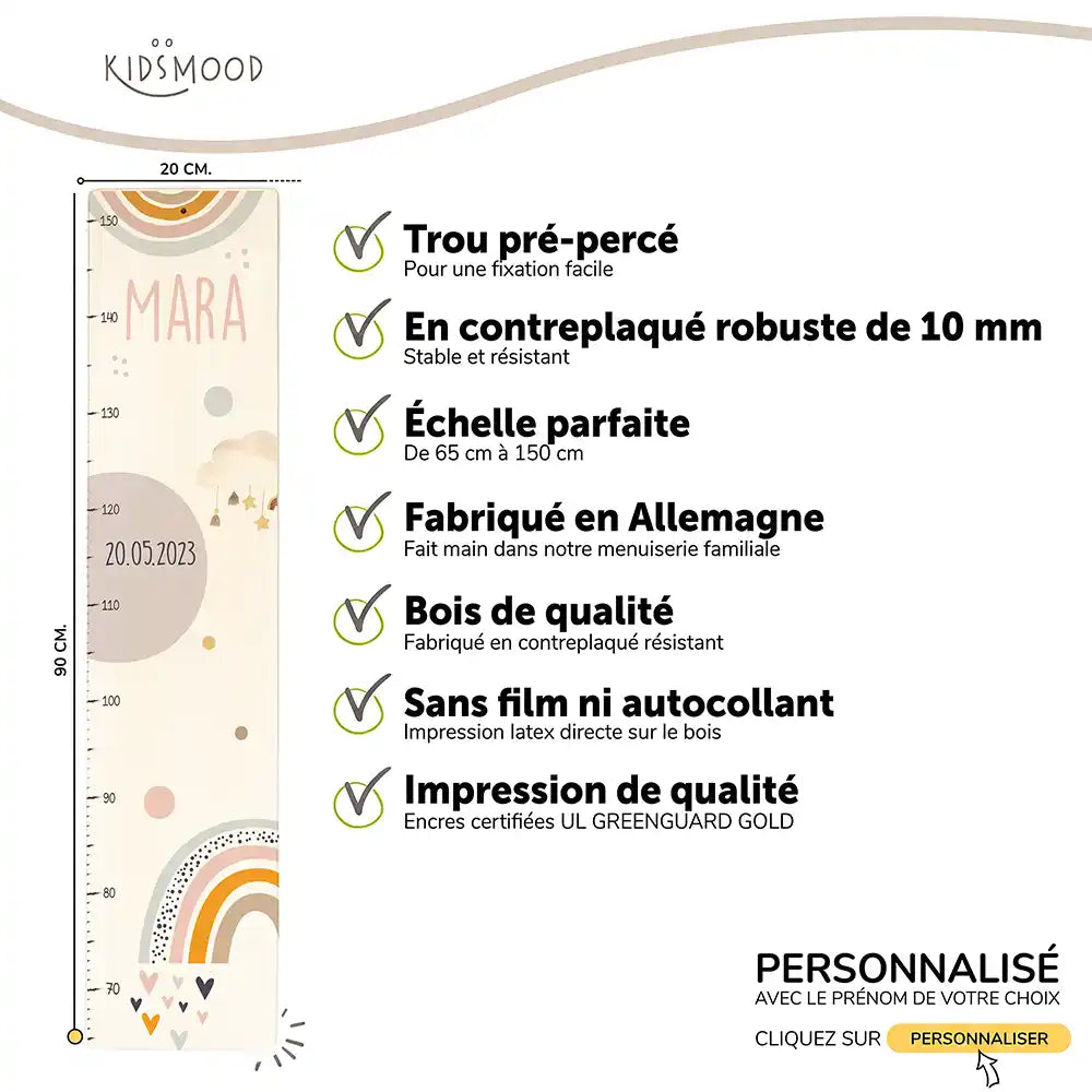 Toise enfant personnalisée – Arc-en-ciel pastel