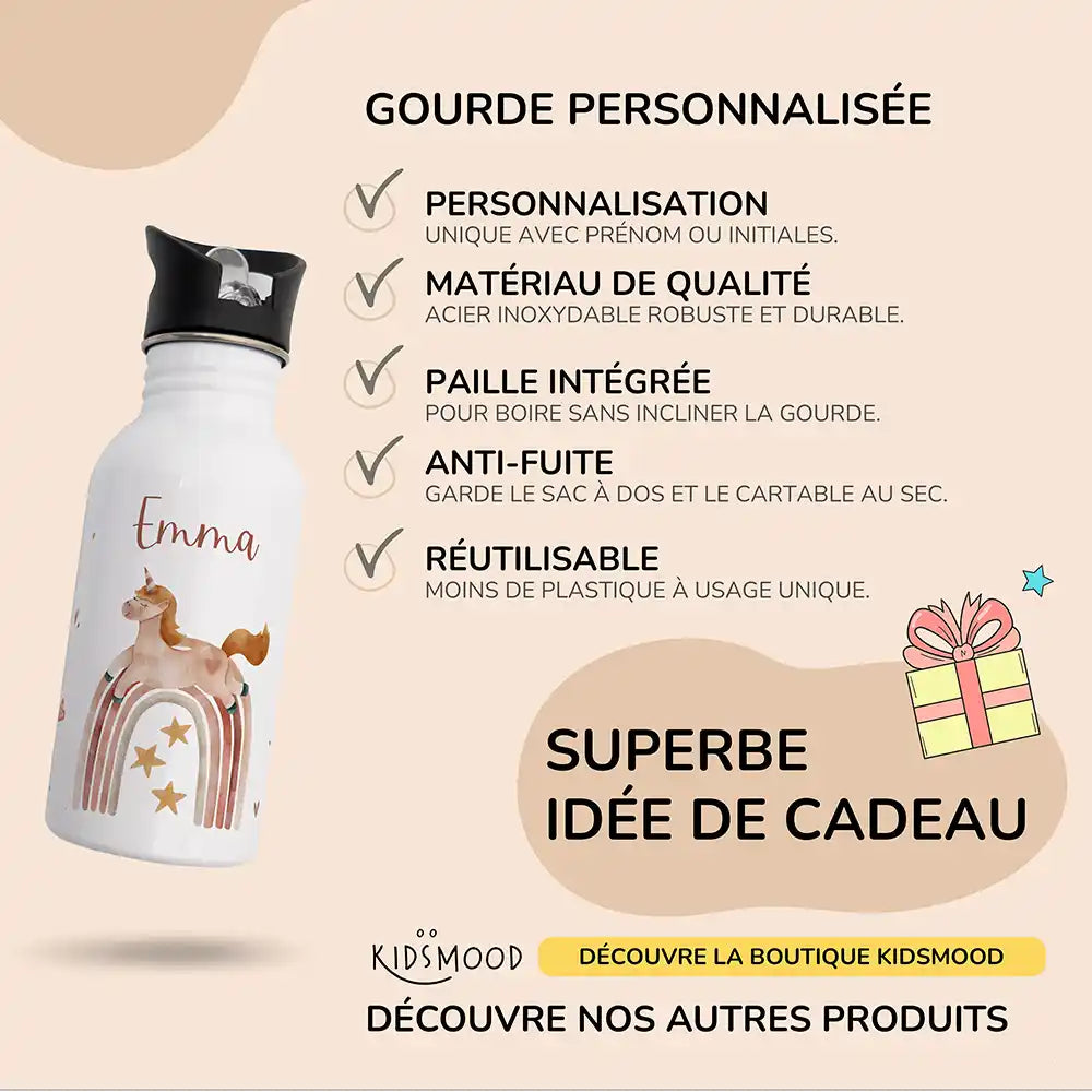 Les atouts de la gourde personnalisée enfant motif Cheval et arc-en-ciel — Kidsmood
