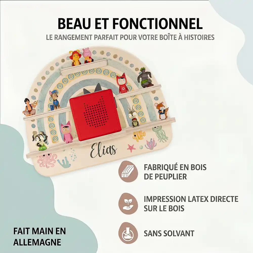 Étagère Toniebox personnalisée Arc-en-ciel 10 – bois de peuplier, impression latex sans solvant