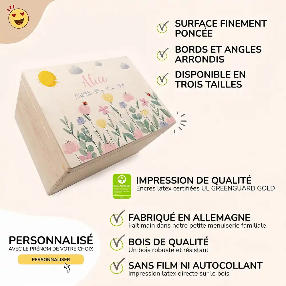 Boîte à souvenirs bébé personnalisée – Fleurs sauvages