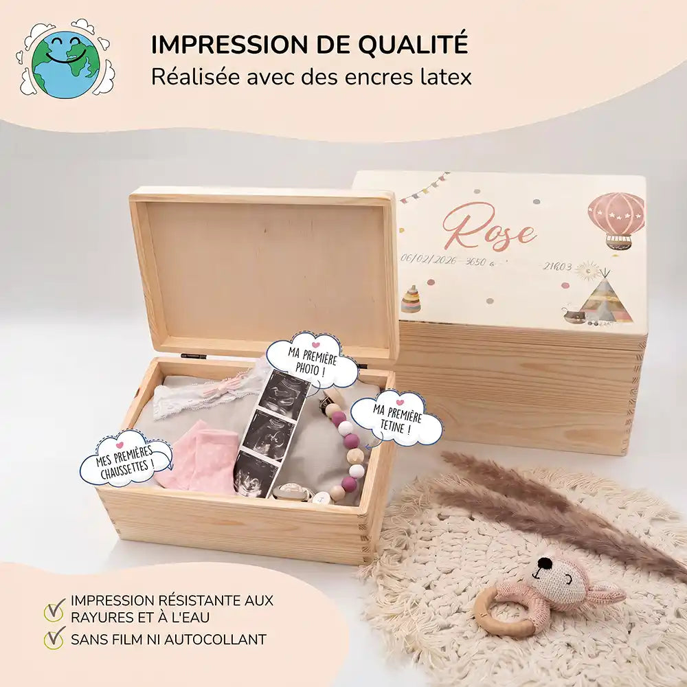 Boîte à souvenirs bébé personnalisée – Lapin et montgolfière