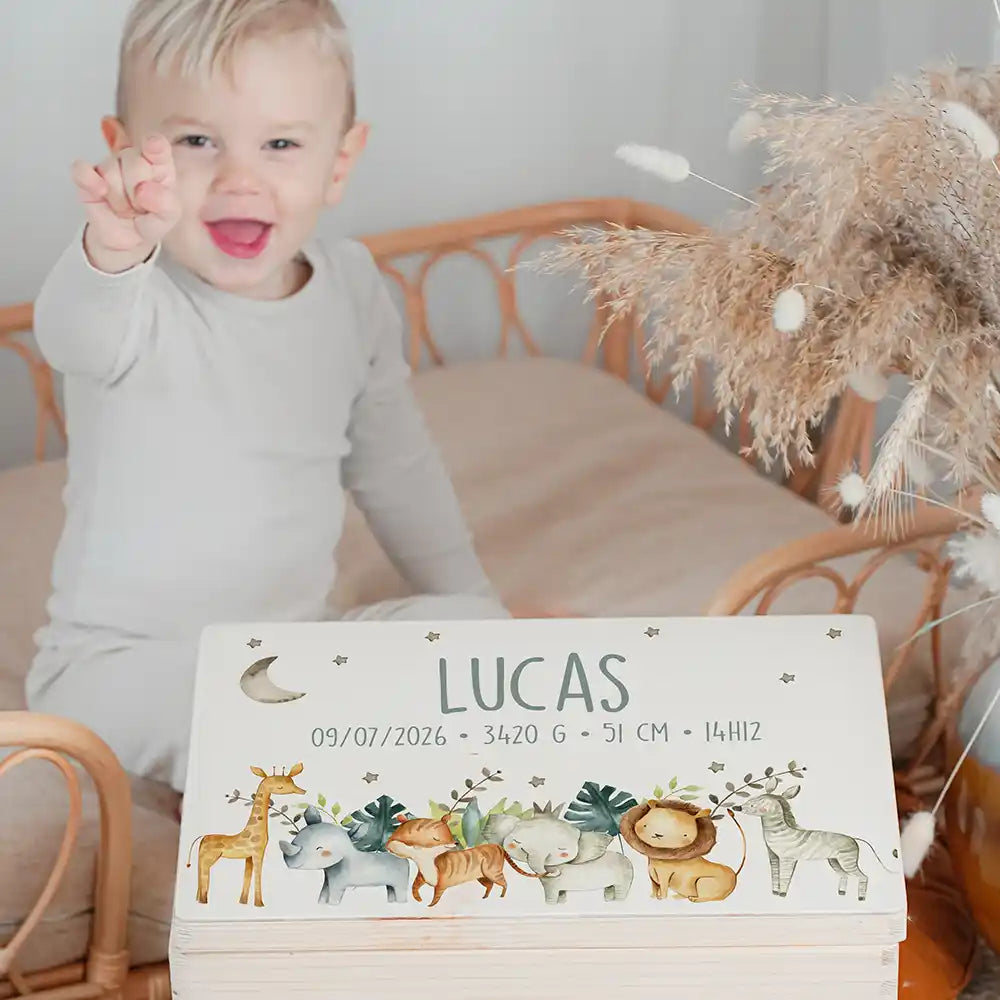 Boîte à souvenirs bébé personnalisée – Animaux de la savane