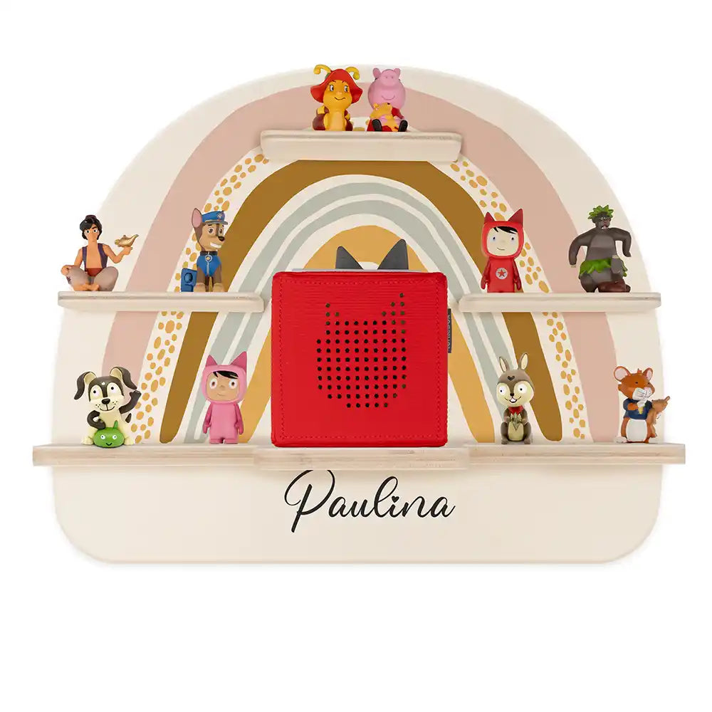 Étagère Toniebox personnalisée Arc-en-ciel 2 – vue principale avec Toniebox 1 et figurines