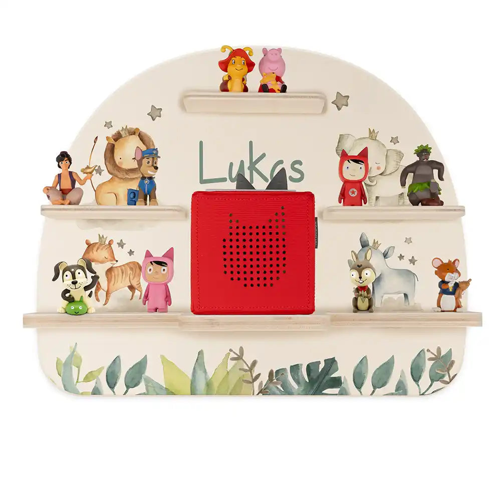 Étagère Toniebox personnalisée Famille jungle – vue principale avec Toniebox 1 et figurines