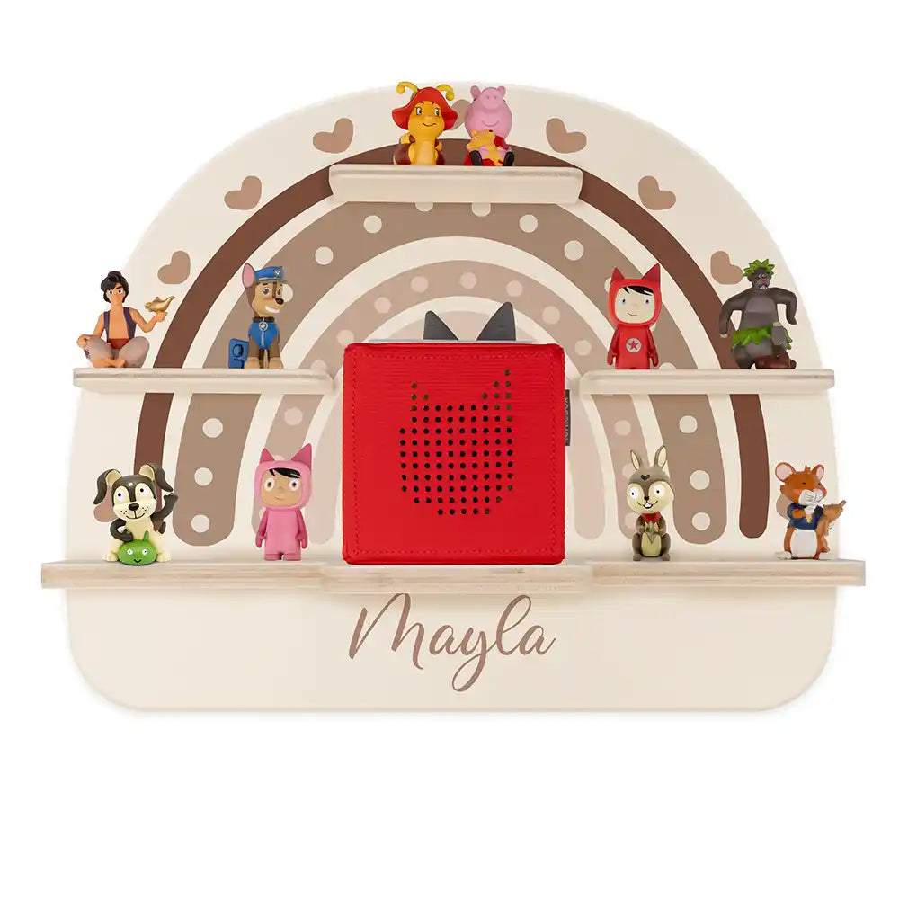 Étagère Toniebox personnalisée Arc-en-ciel cœur – vue principale avec Toniebox 1 et figurines