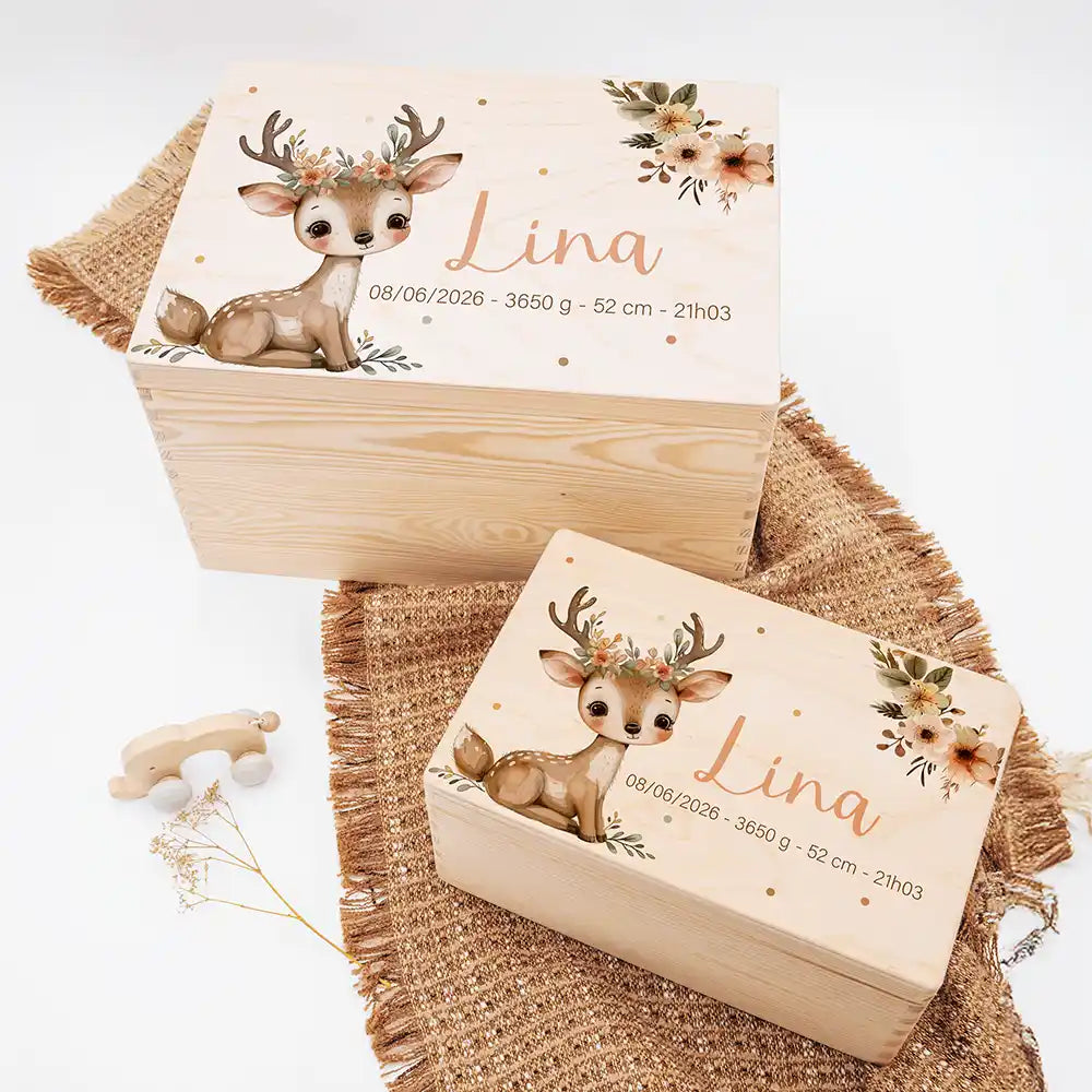 Boîte à souvenirs bébé personnalisée – Faon couronne de fleurs