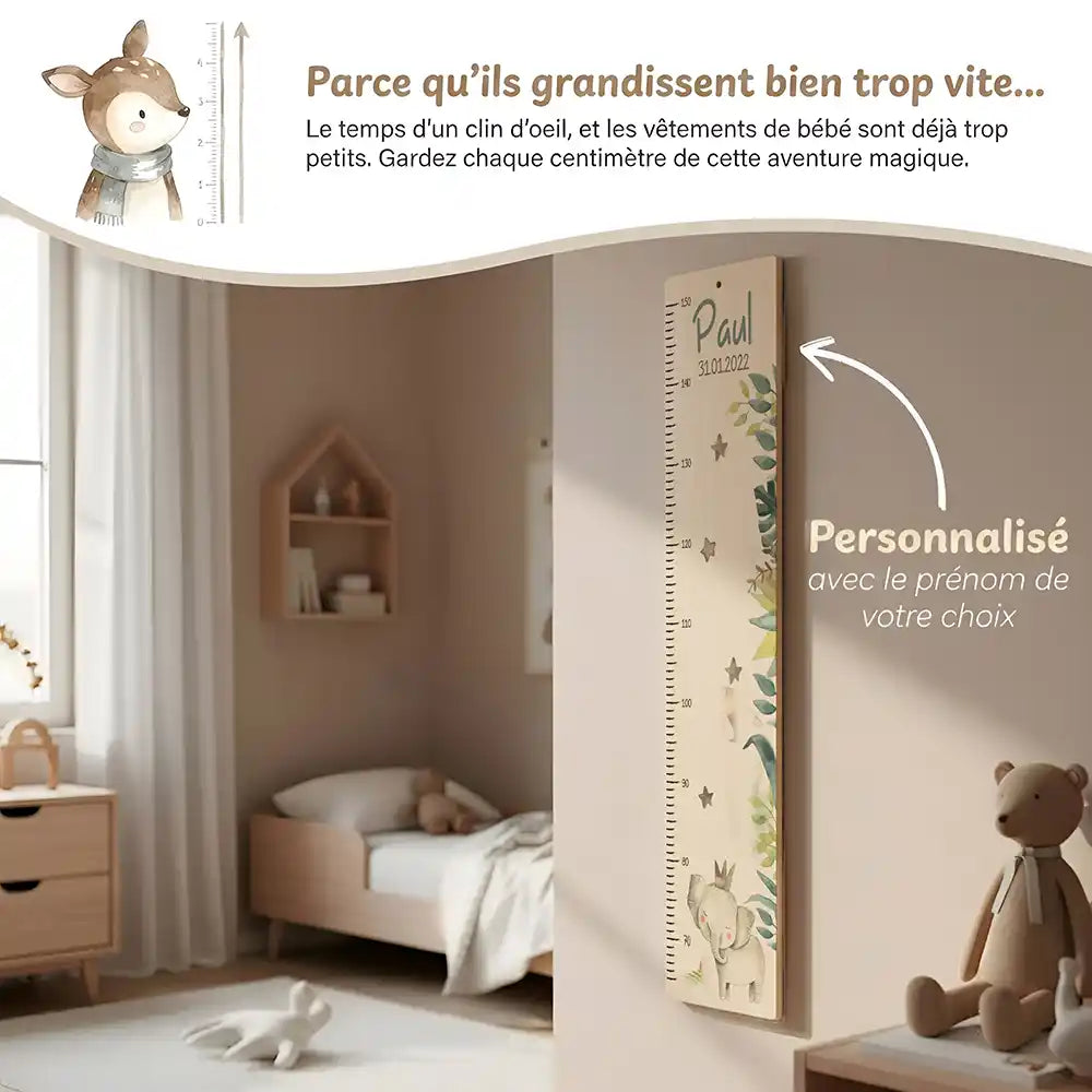 Toise enfant personnalisée Éléphant – vue principale avec prénom et date de naissance imprimés