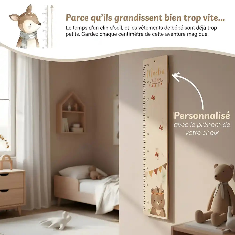 Toise enfant personnalisée Ours boho – vue principale avec prénom et date de naissance imprimés