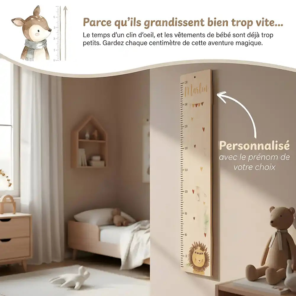Toise enfant personnalisée Lion et cœurs – vue principale avec prénom et date de naissance imprimés