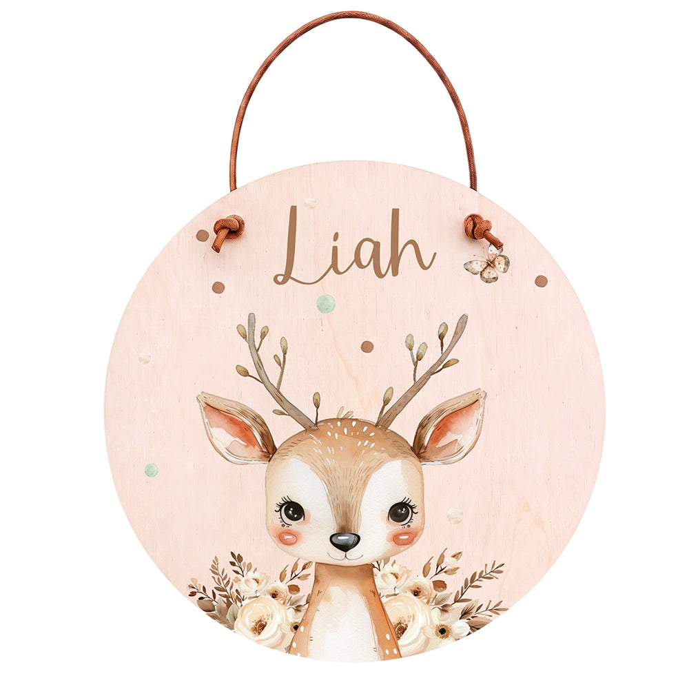Plaque de porte personnalisée, motif Cerf et fleurs — Vue principale | Kidsmood