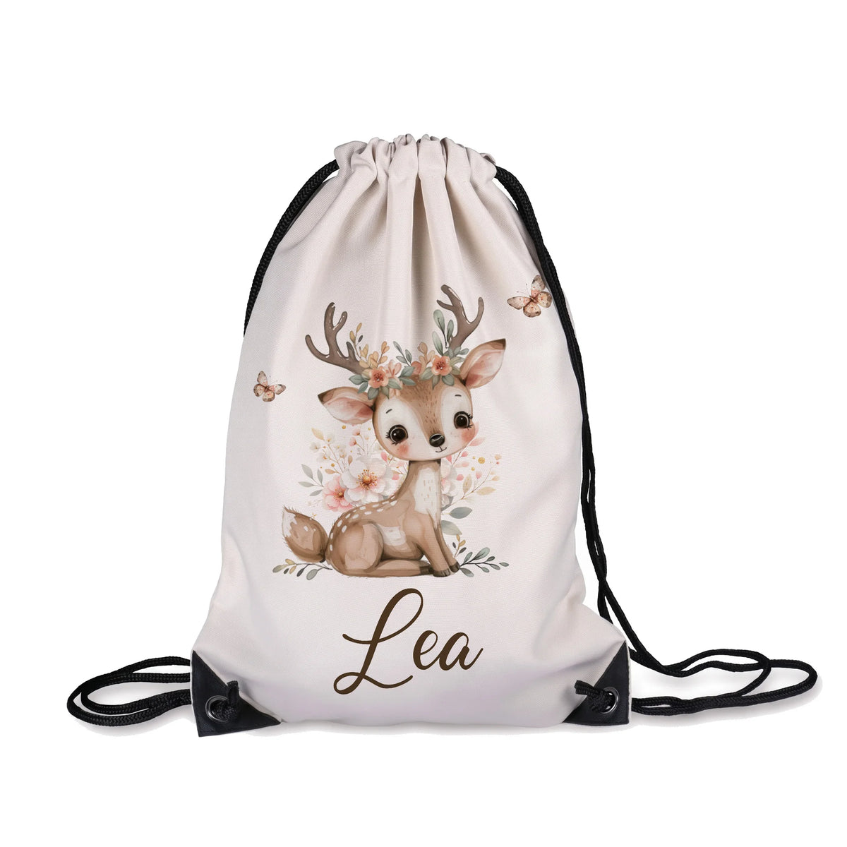 Sac de sport enfant personnalisé avec prénom, motif faon et papillons — Kidsmood