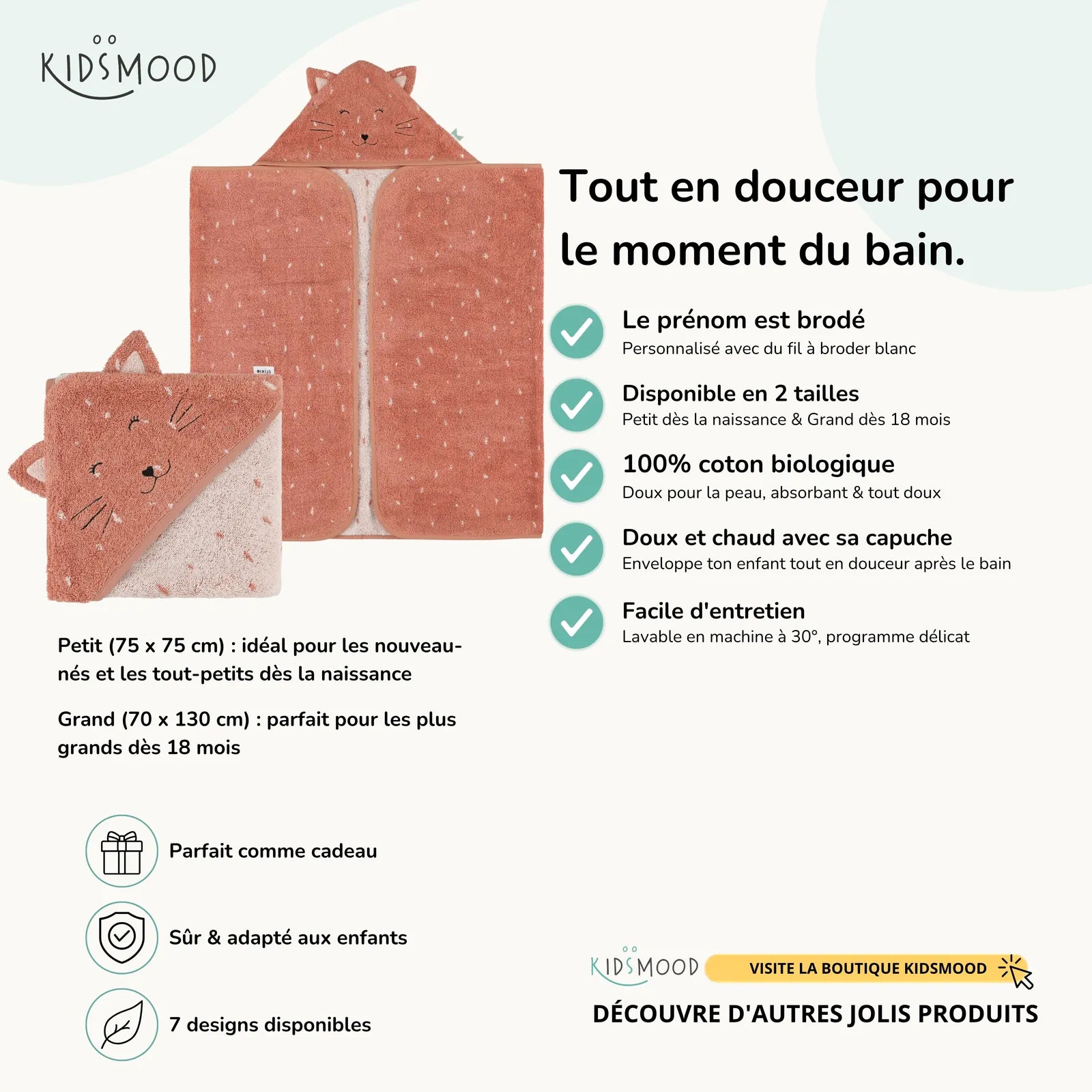 Cape de bain bébé Trixie Chat personnalisée, prénom brodé — Kidsmood