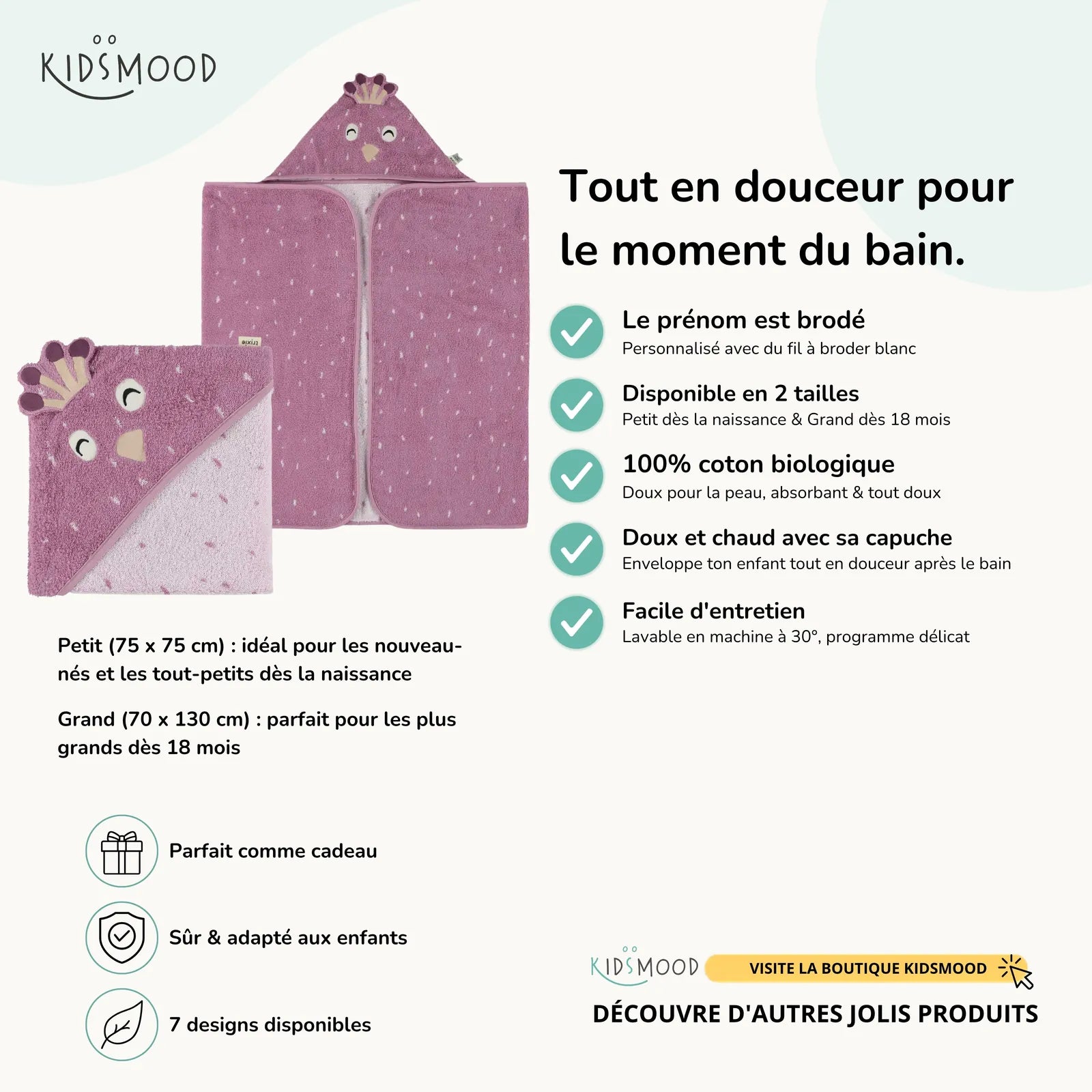 Cape de bain bébé Trixie Paon personnalisée, prénom brodé — Kidsmood