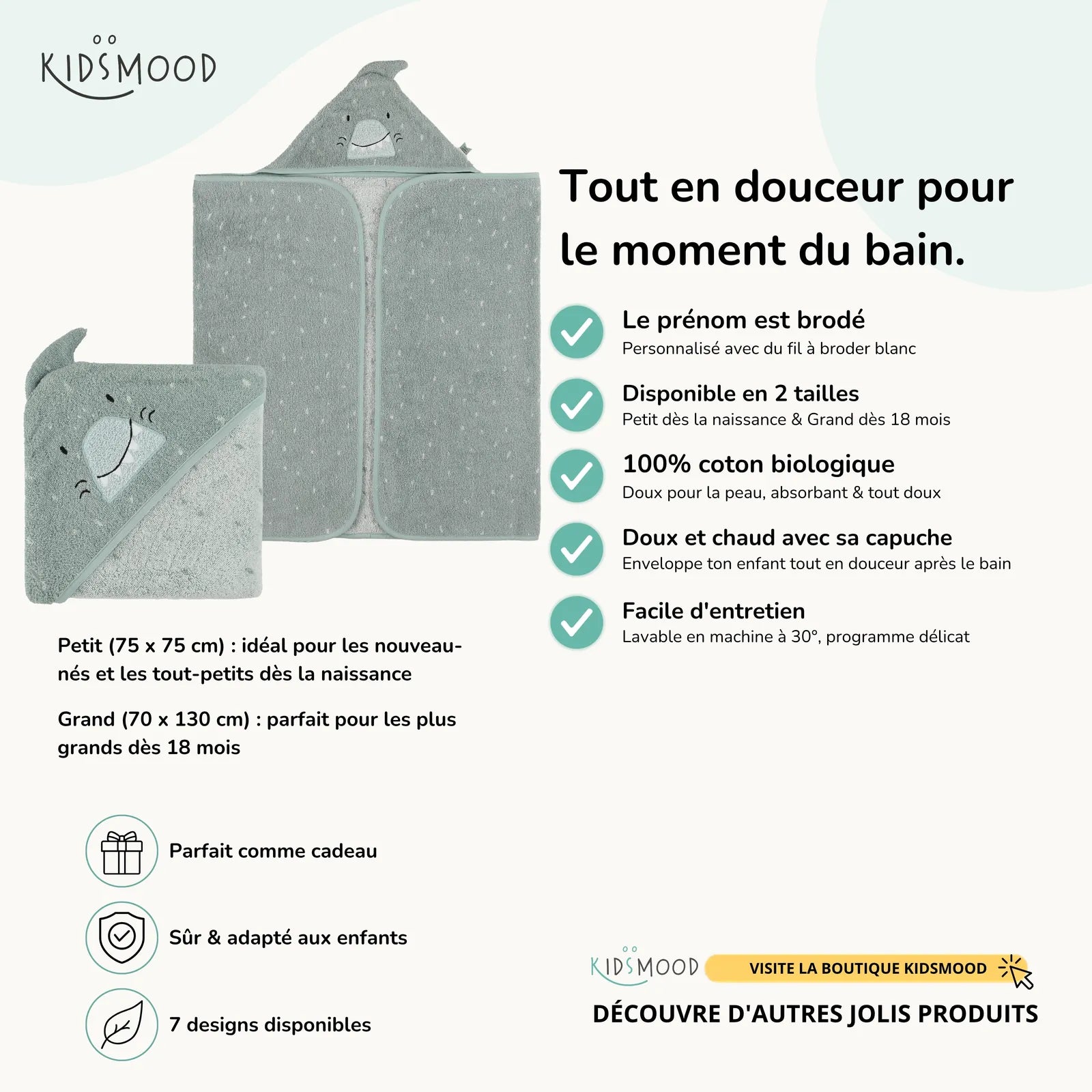 Cape de bain bébé Trixie Requin personnalisée, prénom brodé — Kidsmood