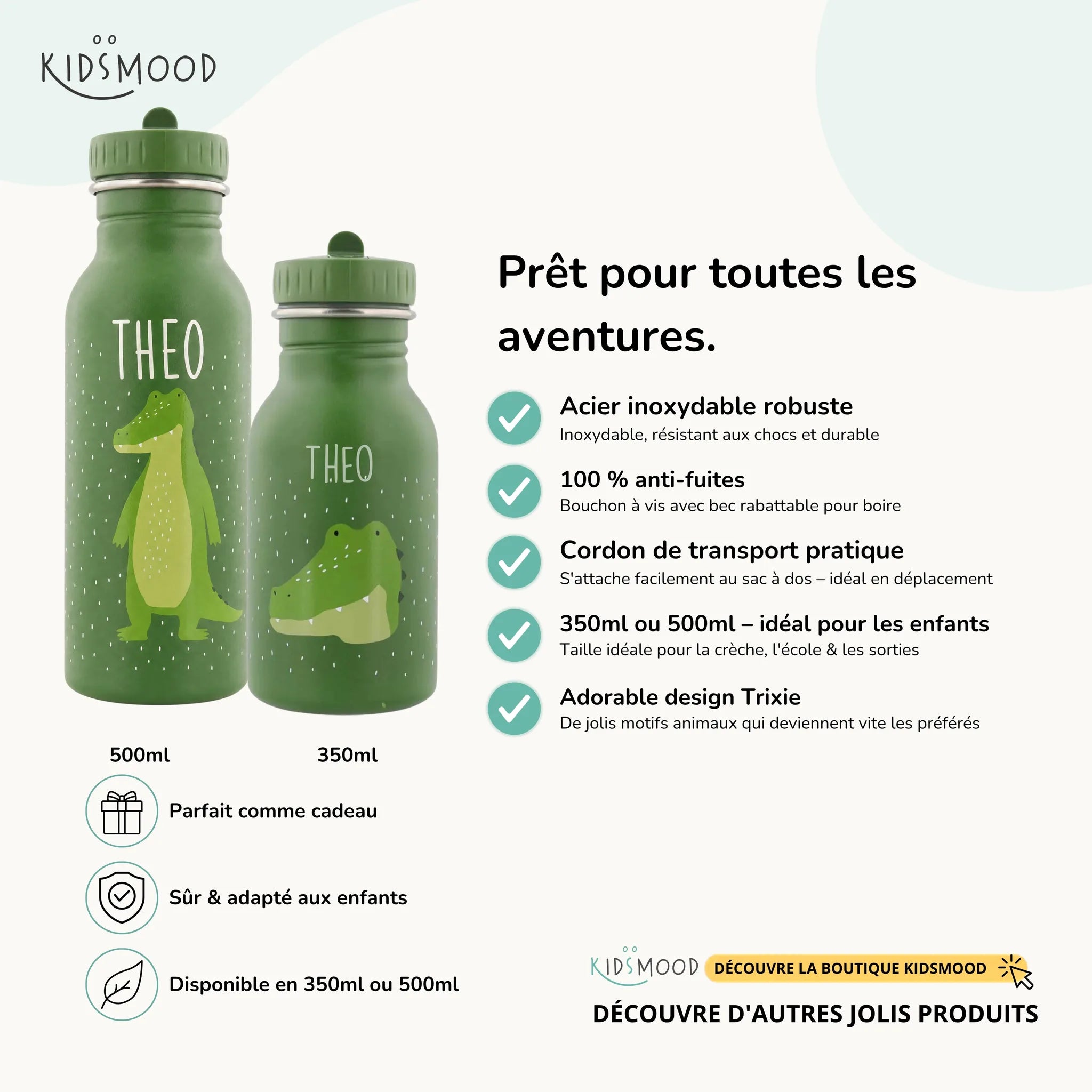 Gourde enfant Trixie inox motif Crocodile, prénom gravé, 350 et 500 ml — Kidsmood