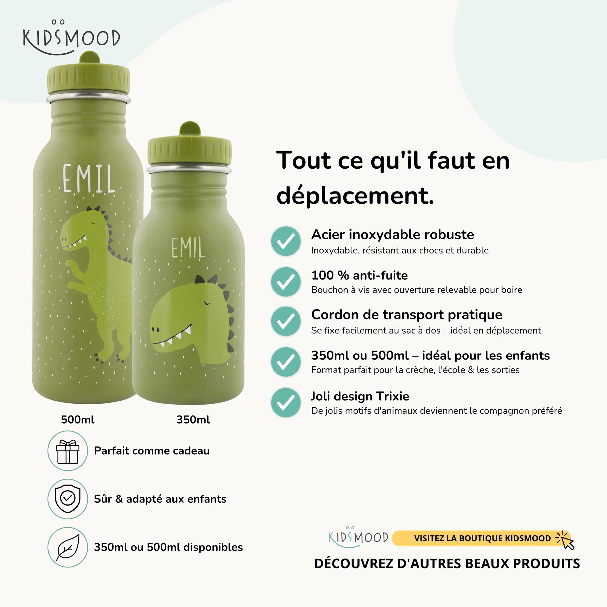 Gourde enfant Trixie inox motif Dino, prénom gravé, 350 et 500 ml — Kidsmood