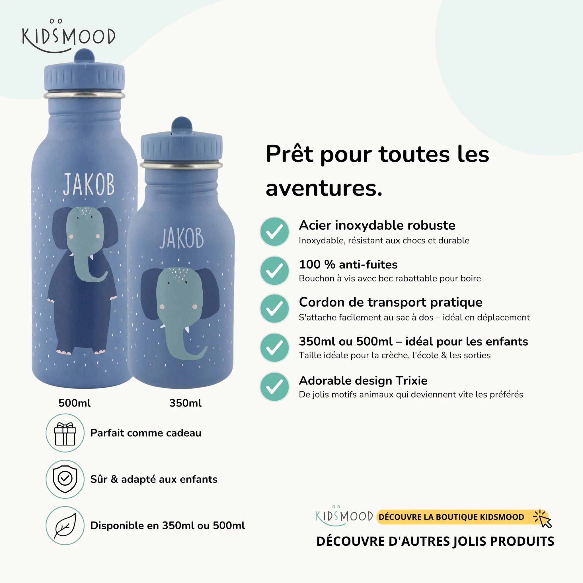Gourde enfant Trixie inox motif Éléphant, prénom gravé, 350 et 500 ml — Kidsmood