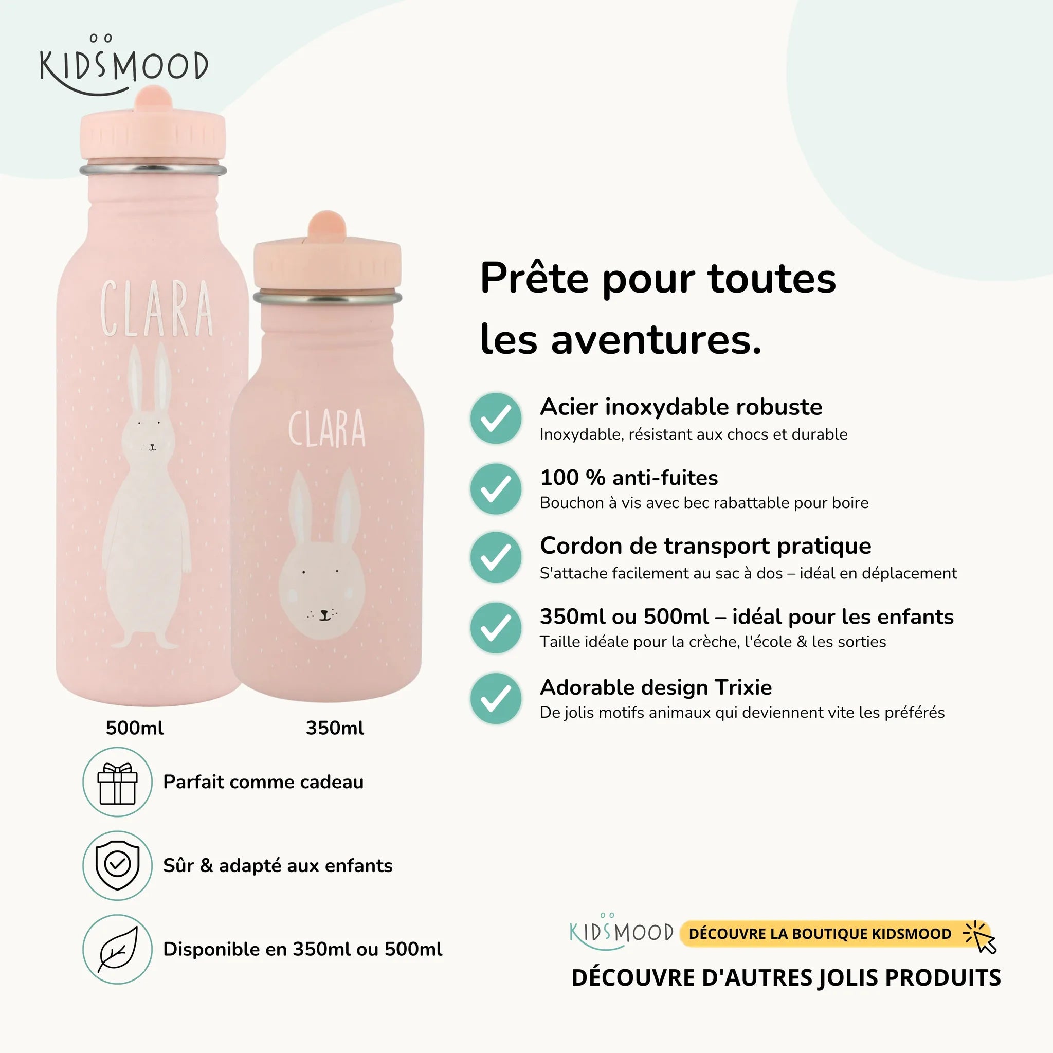 Gourde enfant Trixie inox motif Lapin, prénom gravé, 350 et 500 ml — Kidsmood