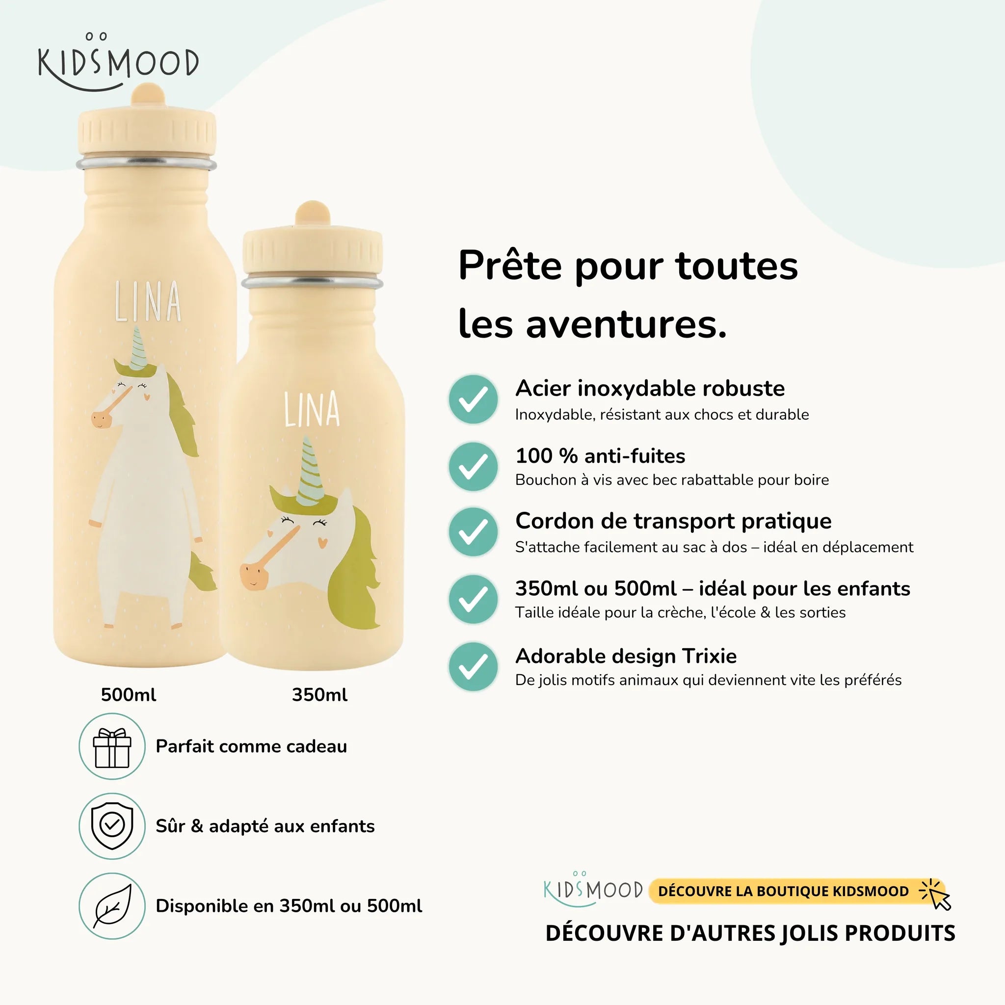 Gourde enfant Trixie inox motif Licorne, prénom gravé, 350 et 500 ml — Kidsmood