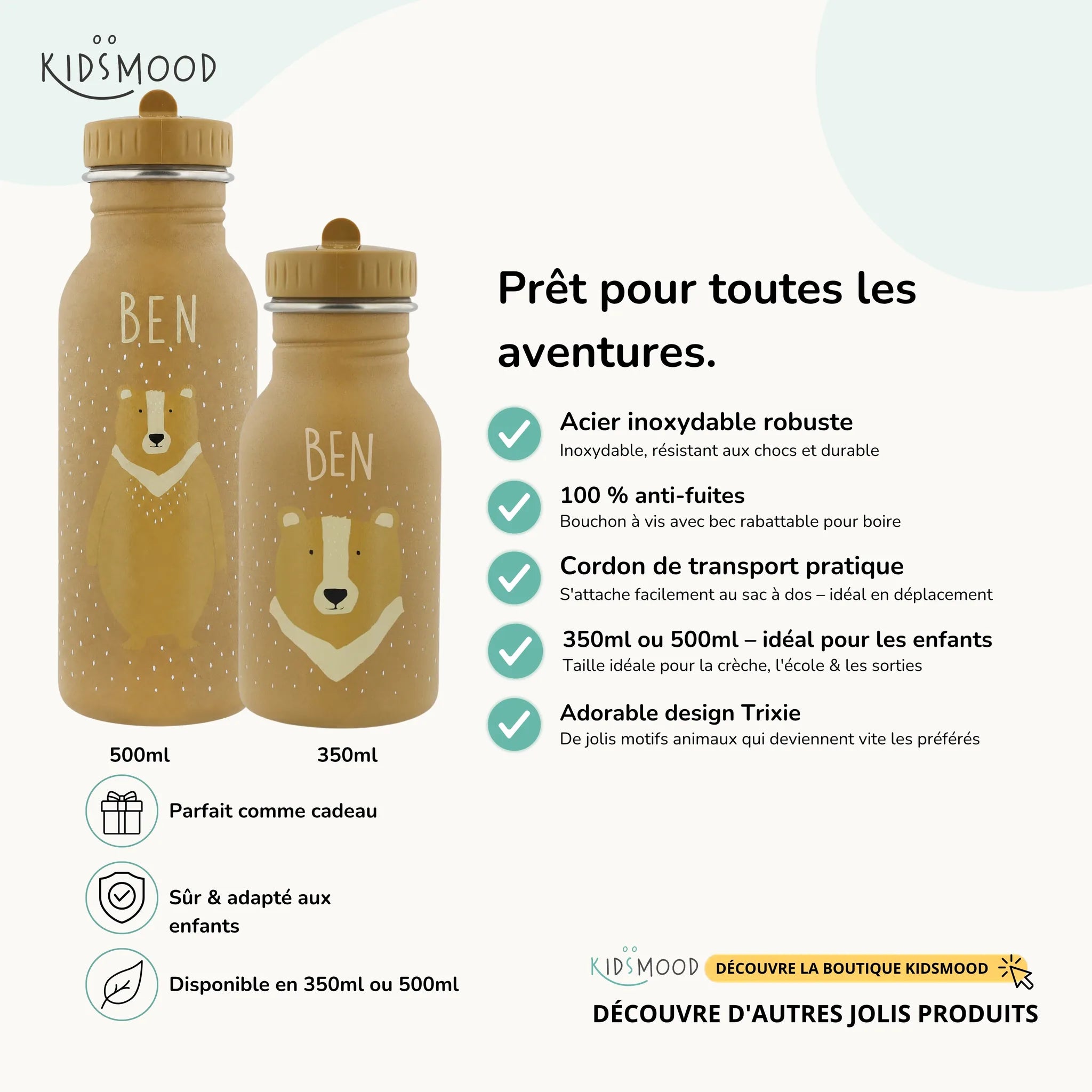 Gourde enfant Trixie inox motif Ours, prénom gravé, 350 et 500 ml — Kidsmood