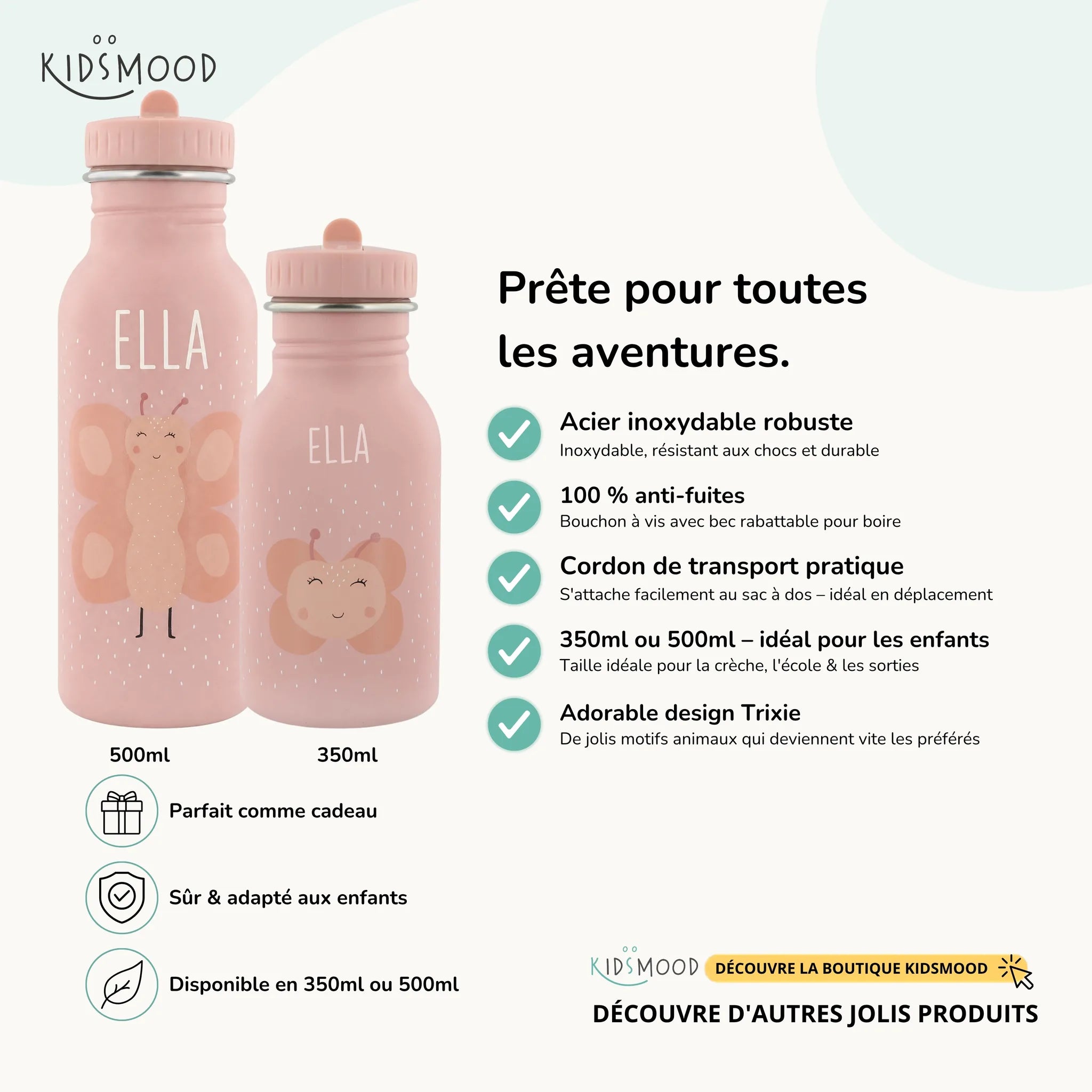 Gourde enfant Trixie inox motif Papillon, prénom gravé, 350 et 500 ml — Kidsmood