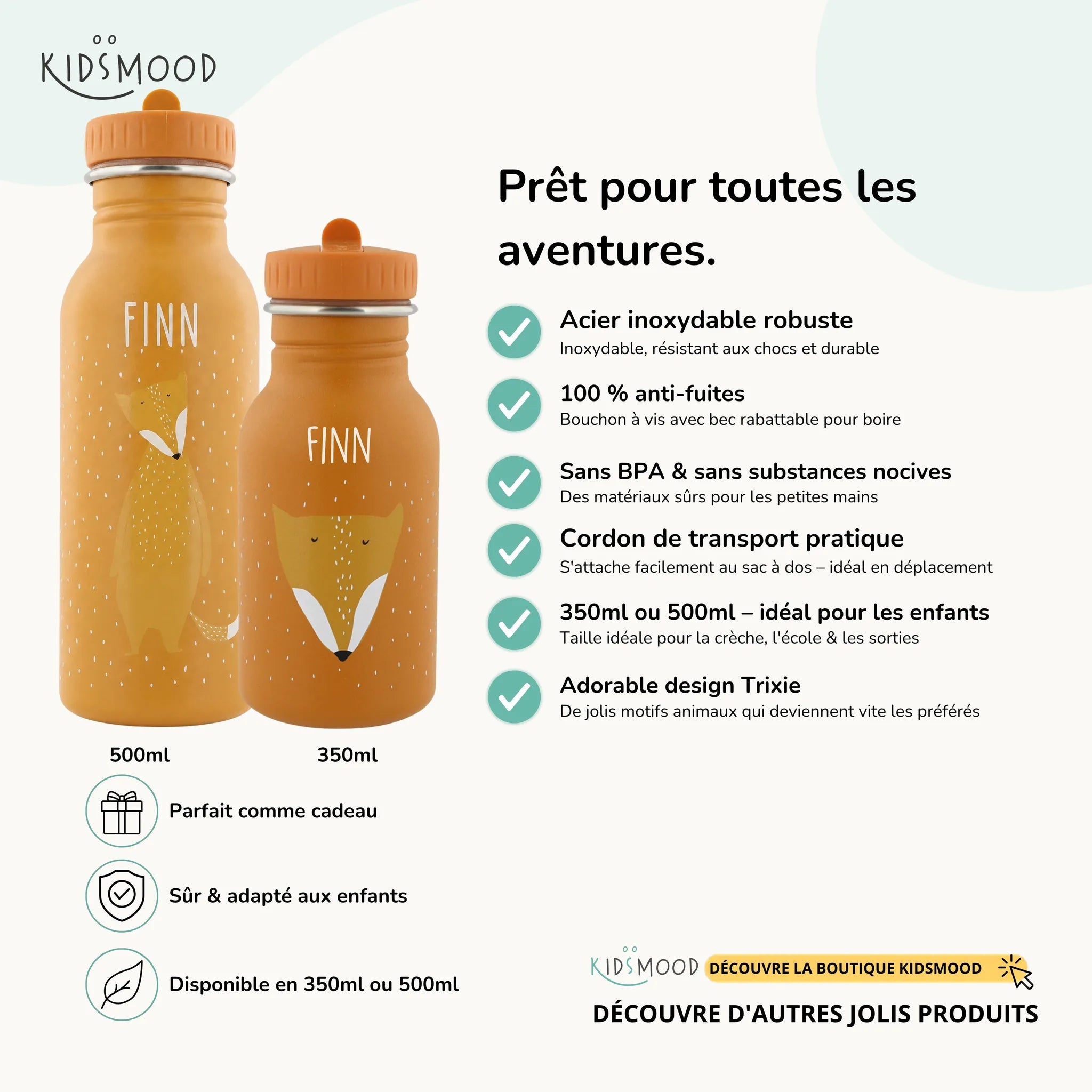 Gourde enfant Trixie inox motif Renard, prénom gravé, 350 et 500 ml — Kidsmood