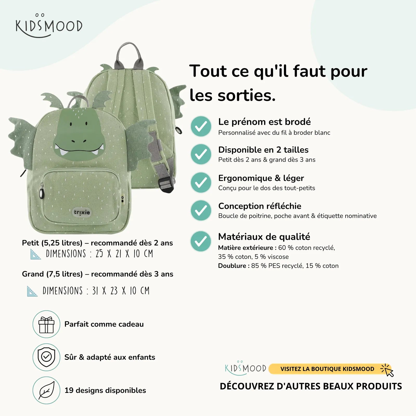 Sac à dos maternelle Trixie Dragon personnalisé, prénom brodé — Kidsmood