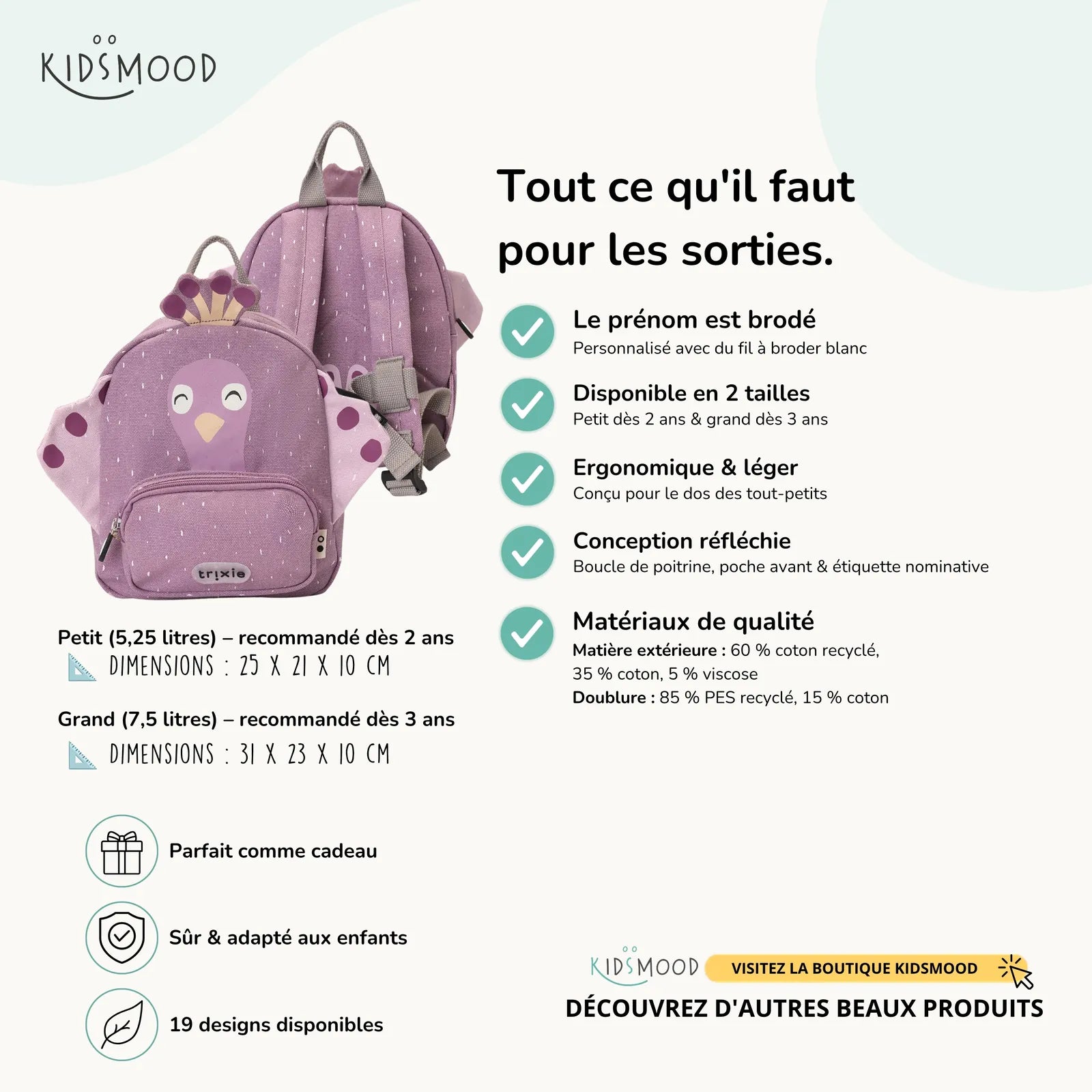 Sac à dos maternelle Trixie Paon personnalisé, prénom brodé — Kidsmood